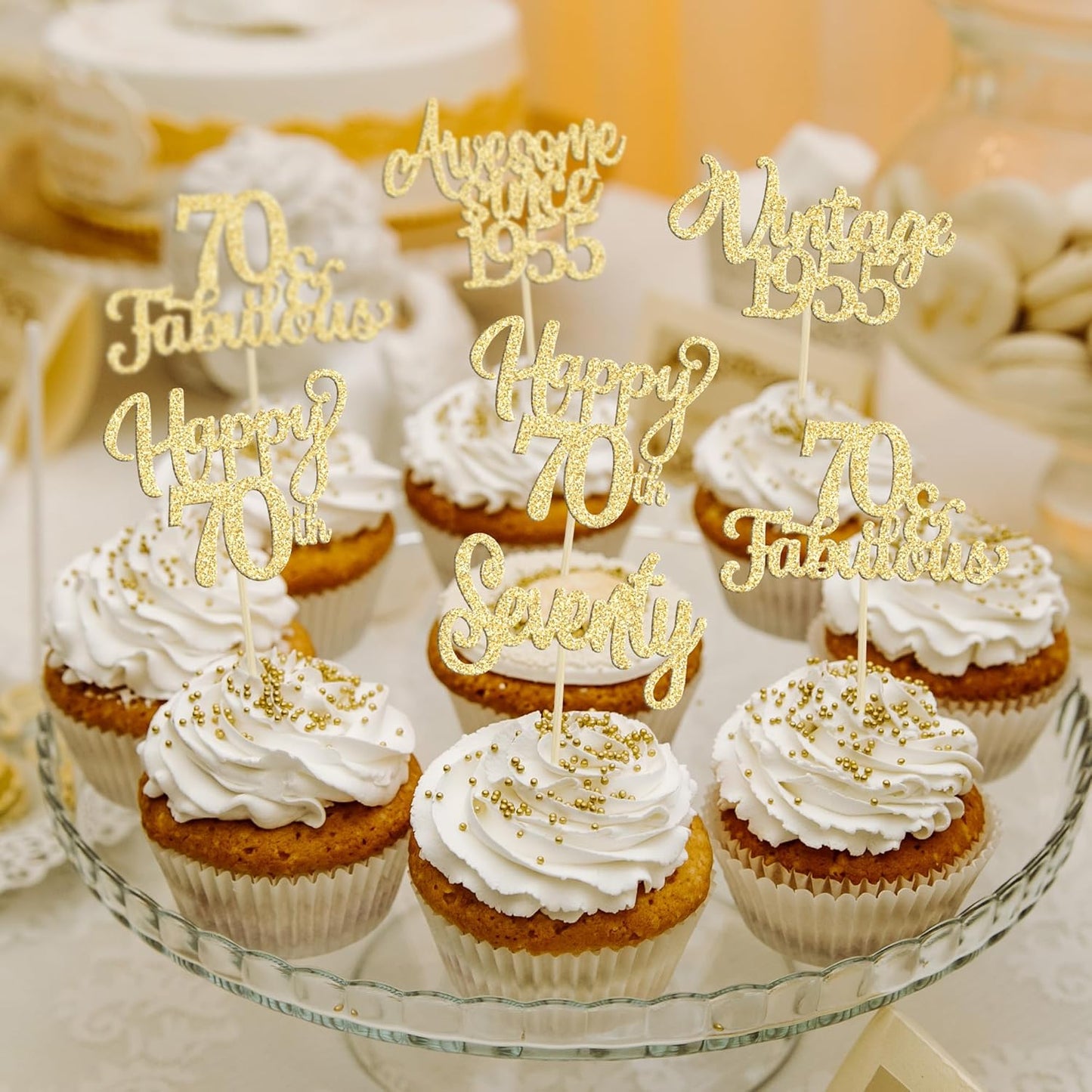 30Pcs Vintage 1955 Cupcake Toppers Glitter Seventy Happy 70th Birthday 70 Fabulous Cupcake Picks Cheers to 70 Years for 70th Birthday Wedding Anniversary Party Cake Decorations Supplies Gold