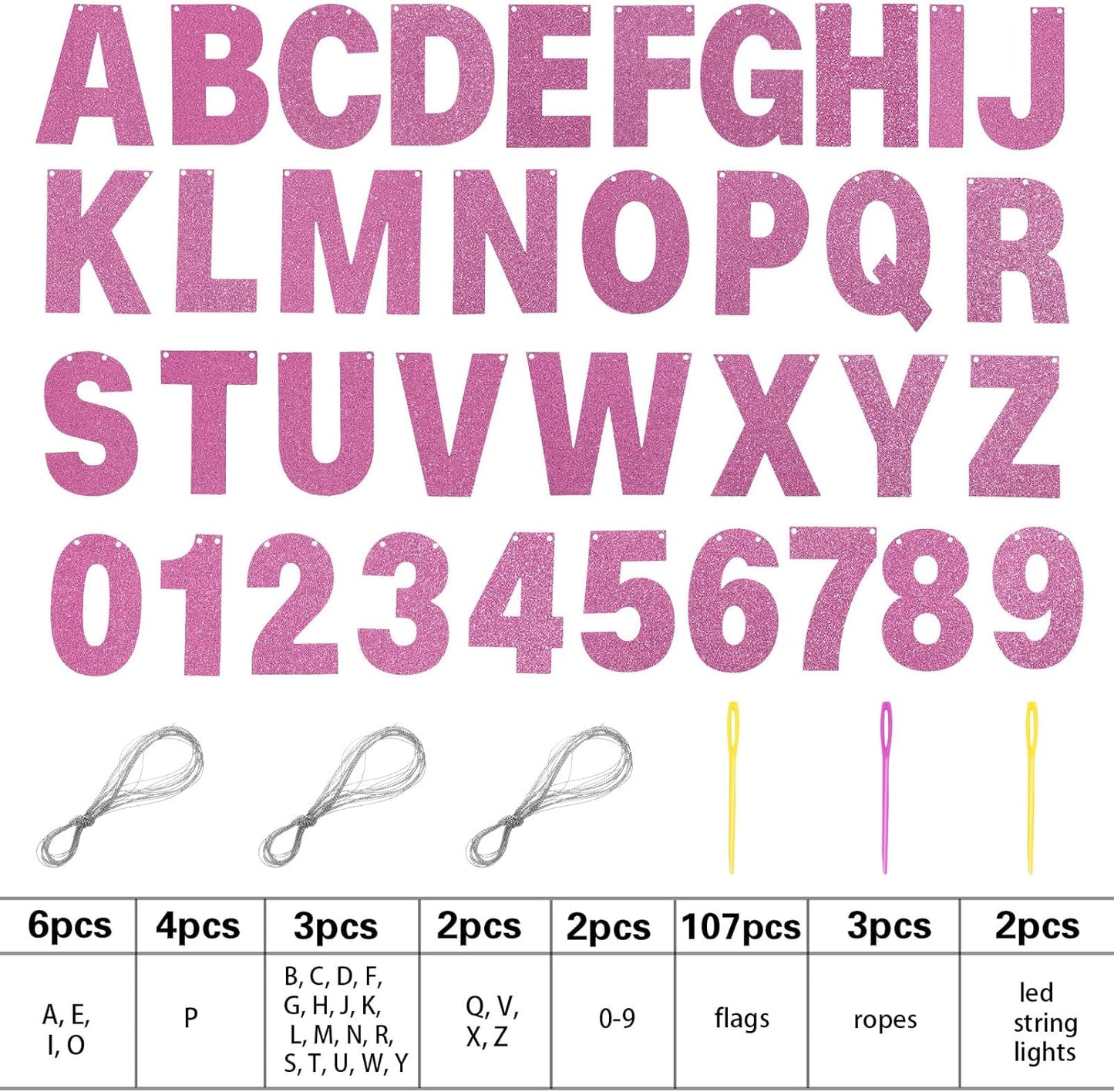 TaoBary 112 Pcs DIY Letter Kit Glitter Customizable Banner Letters Include 107 Letters and Numbers 3 Rope and 2 Needles for Birthday Halloween Christmas Wedding Valentine Party Decor(Pink)