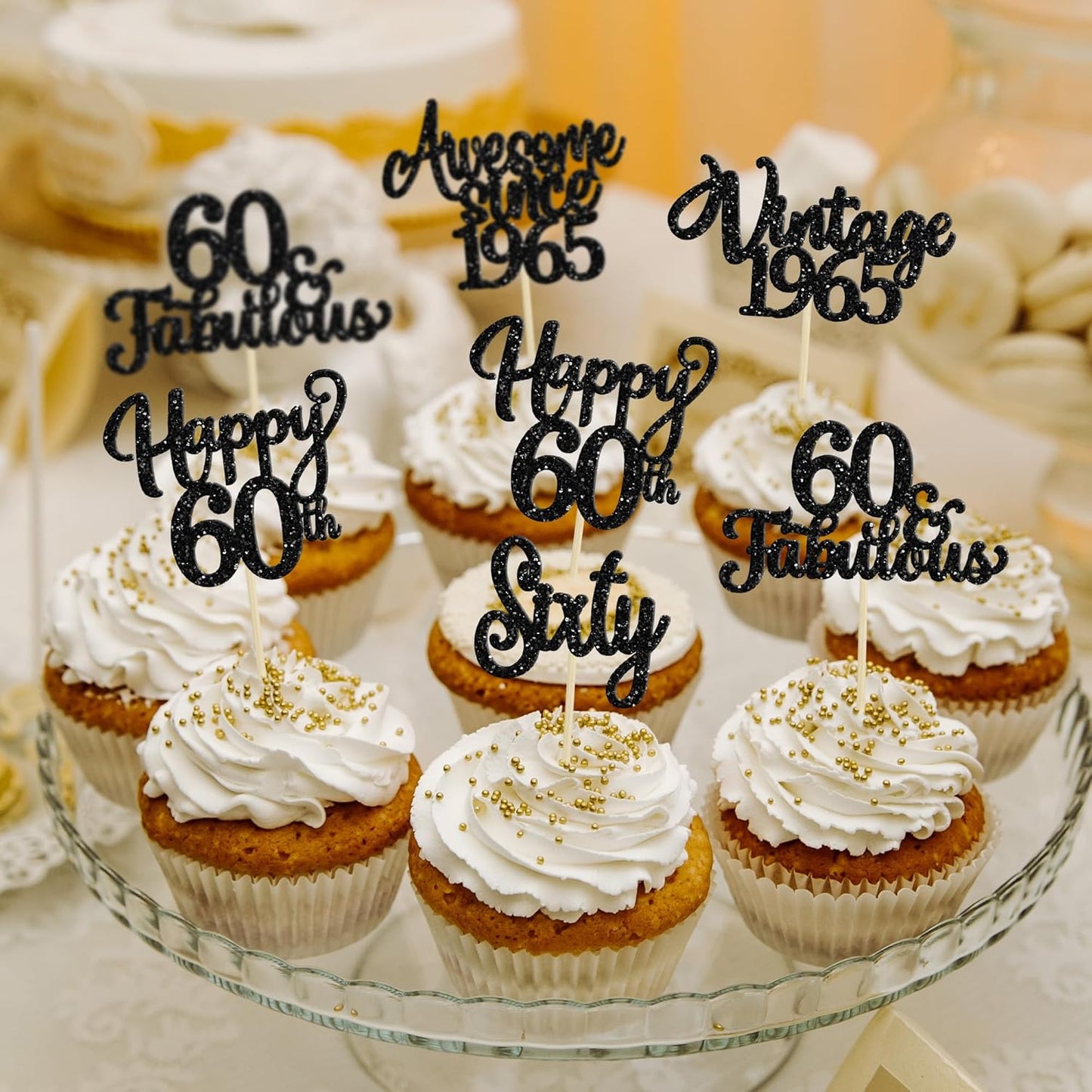 30Pcs Happy 60th Birthday Cupcake Toppers Glitter Sixty Vintage 1965 Cupcake Picks Cheers to 60 Fabulous Cake Decorations for 60th Birthday Wedding Anniversary Party Supplies Black