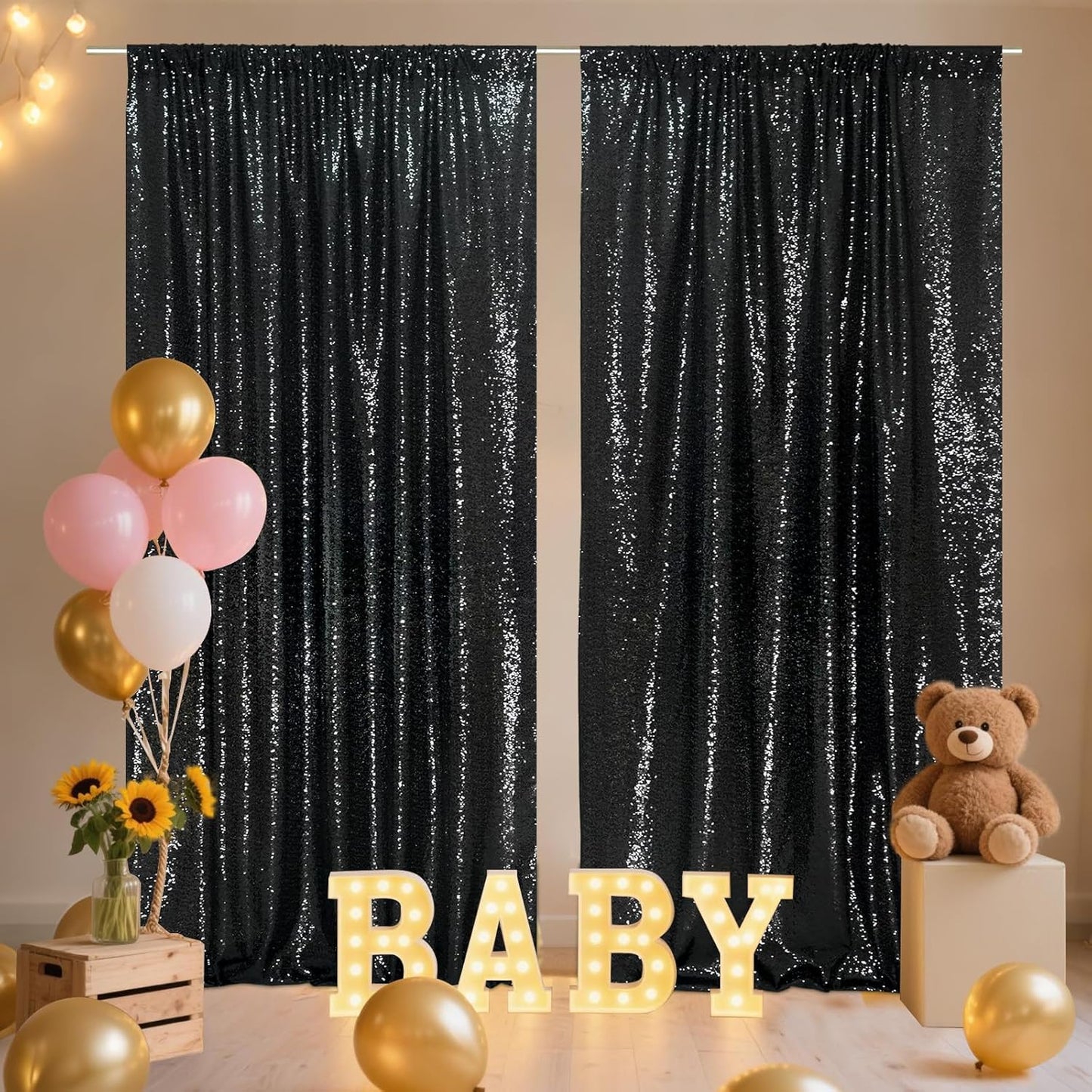 SquarePie Sequin Backdrop Curtain 8FT x 10FT Black Satin Backing Fabric Photography Background for Wedding Patry 4FT x 10FT 2 Panels
