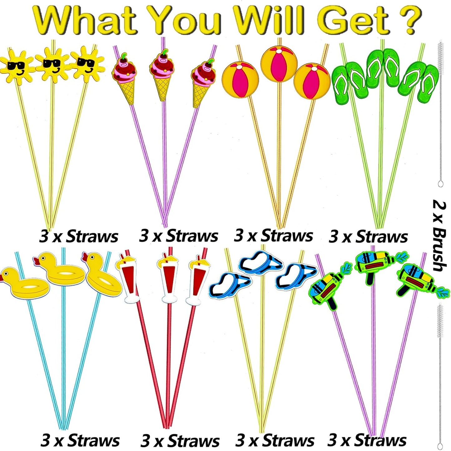 24 Pieces Beach Theme Reusable Plastic Drink Cocktail Straws Beach Ball Pool Summer Birthday Party Favor Decorations With 2 Cleaning Brushes 6 Colors Straws
