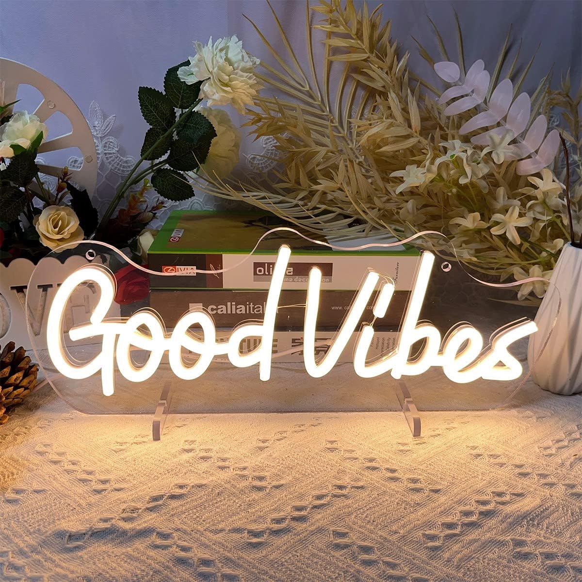 Good Vibes Table Number Neon Sign Desk Lamp Night Light Wedding Letter LED Neon Sign Wedding Table Decorations Neon Light Bedroom Home Room Decor Christmas Party Warm White USB 40×10.7 CM