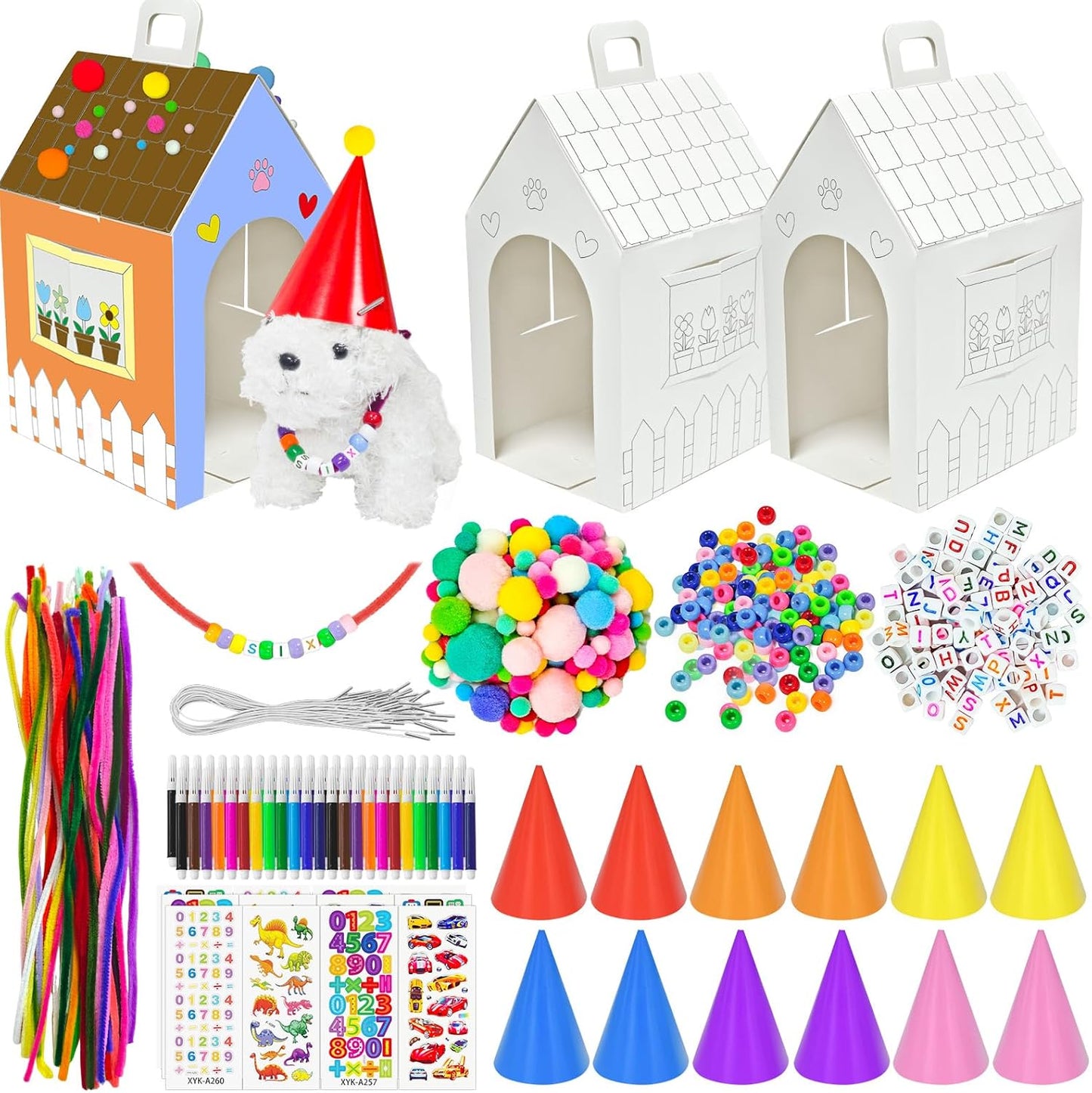 Cinrobiye 24 Sets Adopt a Puppy Party Favors DIY Dog Party Boxes Set Make Your Own Puppy Adoption Party Supplies with Dog House Treat Gift Boxes Dog Collar Necklace for Birthday Craft