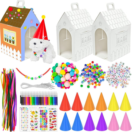 Cinrobiye 24 Sets Adopt a Puppy Party Favors DIY Dog Party Boxes Set Make Your Own Puppy Adoption Party Supplies with Dog House Treat Gift Boxes Dog Collar Necklace for Birthday Craft