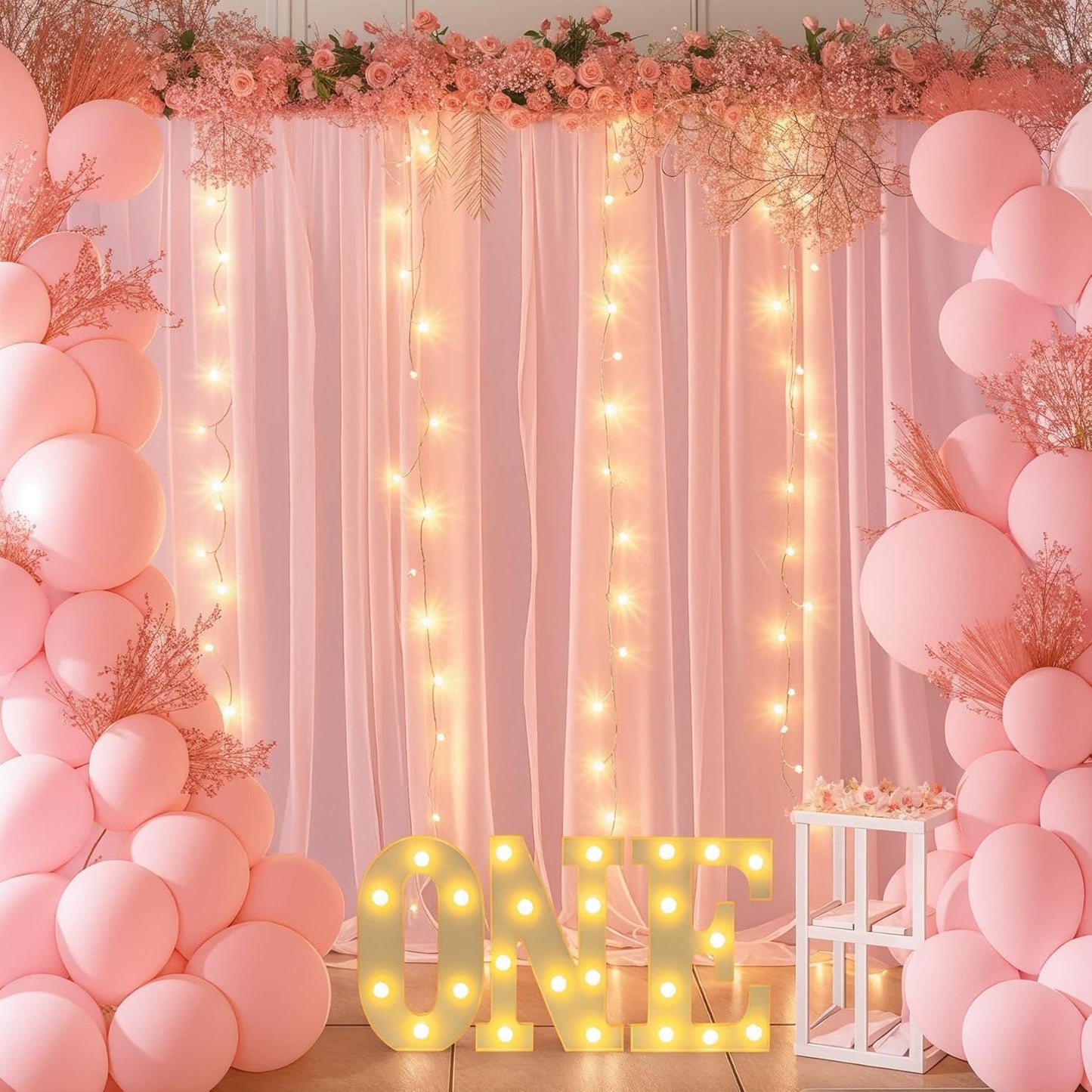 10ft x 7ft Baby Pink Chiffon Backdrop Curtain with Lights String for Parites Wedding Wrinkle Free Curtain Photo Backdrops Drapes for Baby Shower Birthday Party Home Decorations
