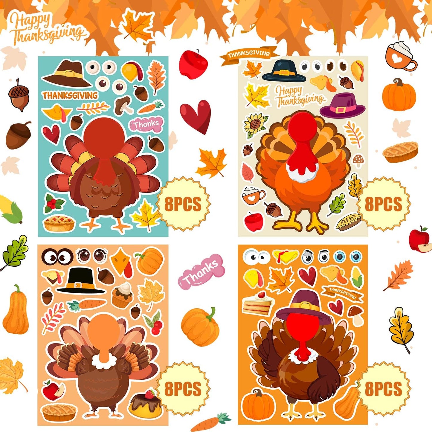 32 Sheets Thanksgiving Stickers, Thanksgiving Crafts for Kids, Make-A-Turkey Stickers for Kids Thanksgiving Party Favors Decorations Games Supplies