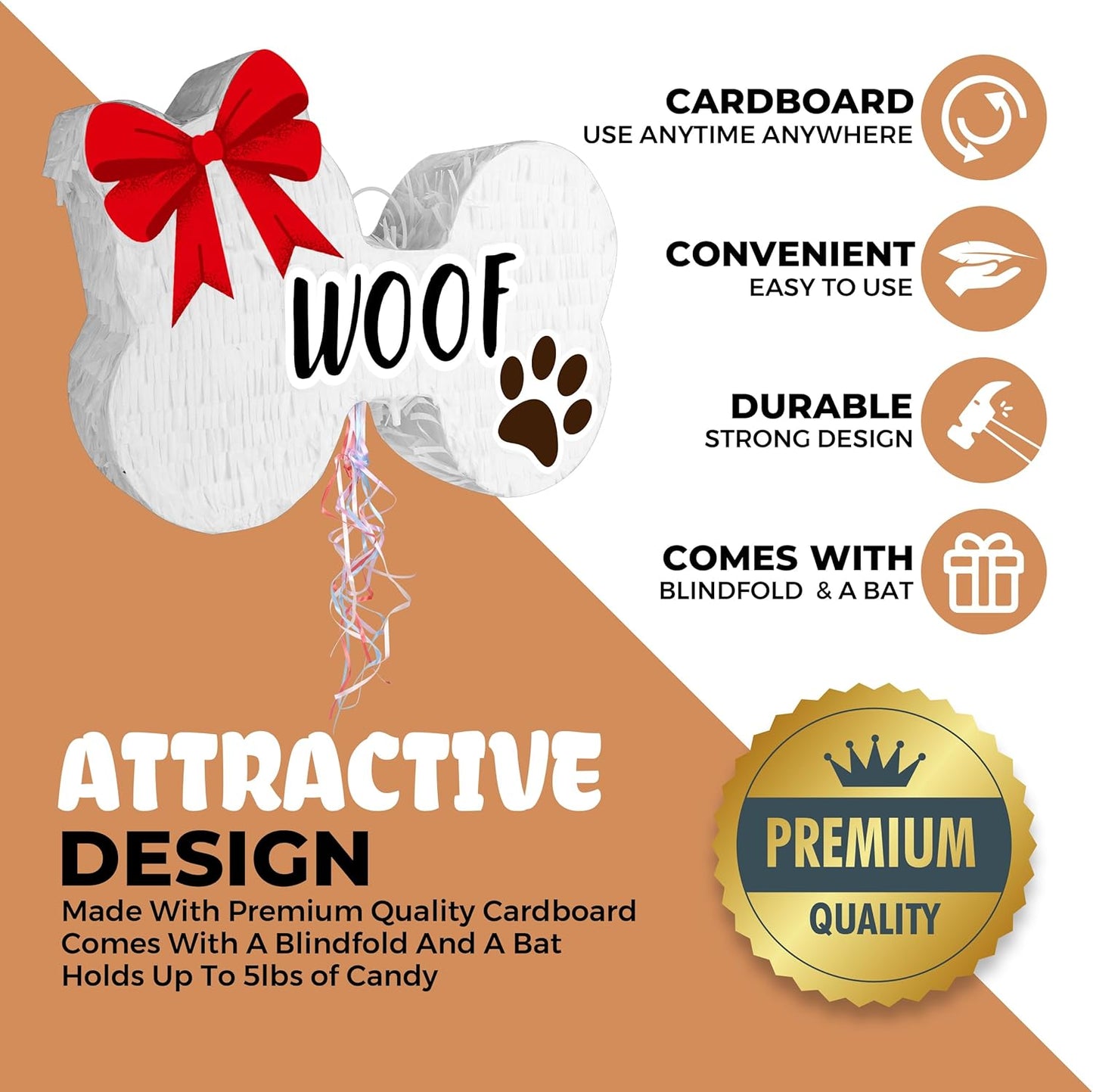 Pull String Dog Bone Pinatas (16.5 x 12 x 4 Inches), Puppy Pinatas for Dog Birthday Decoration