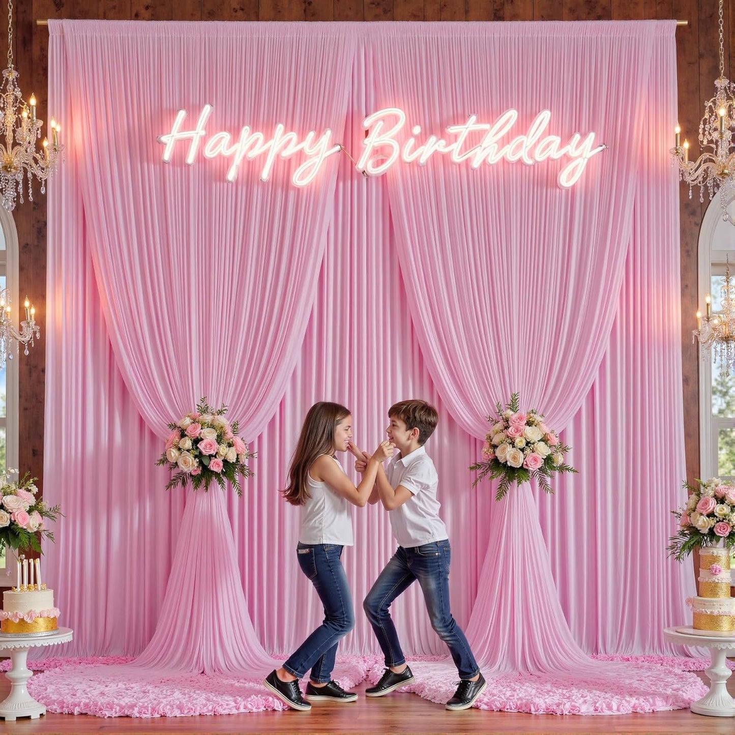 20×12ft Wrinkle Free Pink Backdrop Curtain for Wedding Parties, 4 Panels 5×12ft Long Soft Silky Polyester Backdrop Drapes Baby Pink Photo Back Drop Curtains for Party Photography Background Cloth