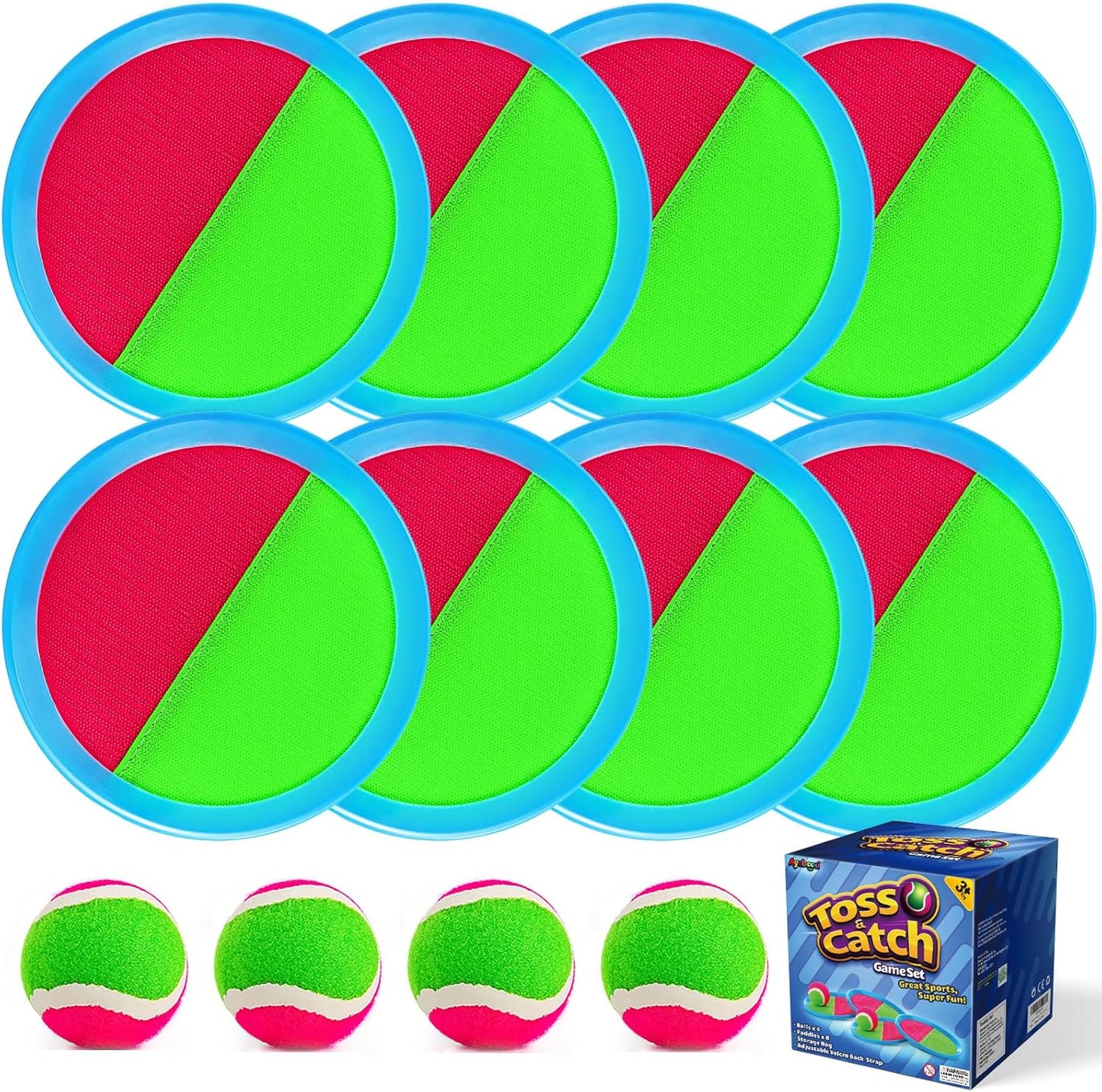 Ayeboovi Toss and Catch Ball Set with 8 Paddles 4 Balls Outdoor Beach Pool Toys for 3 4 5 6 7 8 Year Old Boys Girls Birthday Gift Outside Camping Lawn Yard Games for Kids and Family