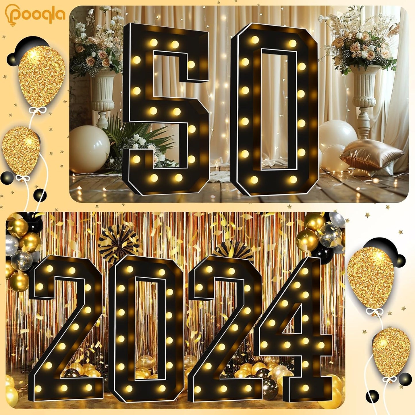 Pooqla 4 FT Light Up Marquee Numbers, Black Marquee Number Lights 4 Feet Tall for 7th 17th 70th Birthday, Giant Letter Big Mosaic Numbers for Balloons Party Anniversary Wedding Decorations, Number 7