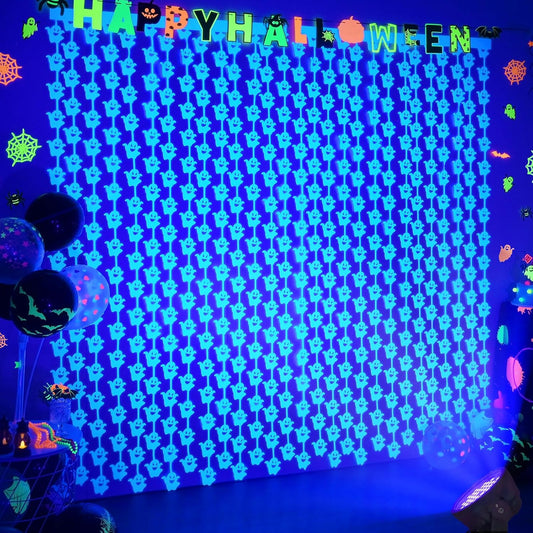 Neon Halloween Party Decorations, 2 Pack Glow in The Dark Party Supplies 3.3 x 6.6 ft Fluorescent Blue Ghost Curtains, Photo Booth Prop Backdrop Streamer, Halloween Birthday Party Decor