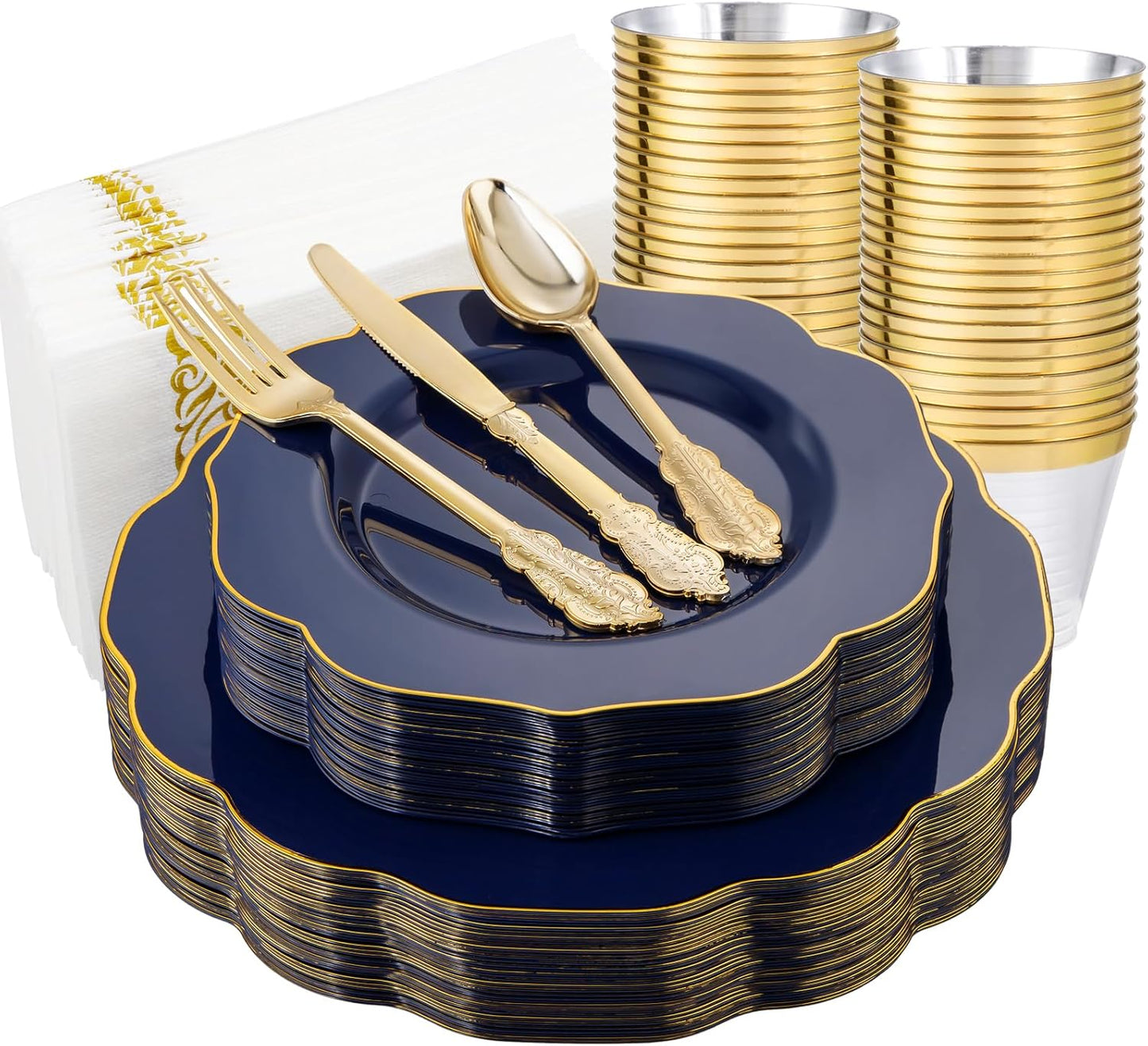 NOCCUR 175PCS Blue Plastic Plates with Disposable Silverware - Include 50 Blue Disposable Plates with Gold Rim,75 Gold Cutlery,25 Cups,25Napkins for Party/Hanukkah/Thanksgiving
