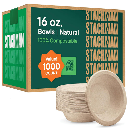 100% Compostable Paper Bowls 16 oz. [1000 Count] Heavy-Duty Soup Bowls - Natural Brown Color Unbleached Bagasse Bowls - Eco-Friendly Disposable Biodegradable Sugarcane - [Bulk Case 8/125 Pack]