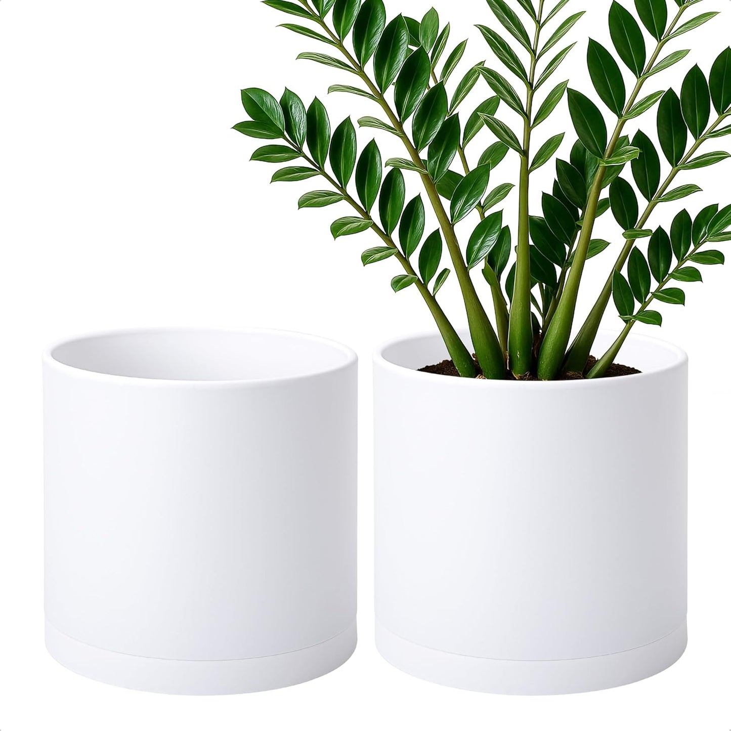 D'vine Dev 2 Pack 10 Inch Modern Plastic Plant Pots, Cylindrical Garden Planters for Plants with Drainage Holes and Saucers, White, 74-Z-N-1