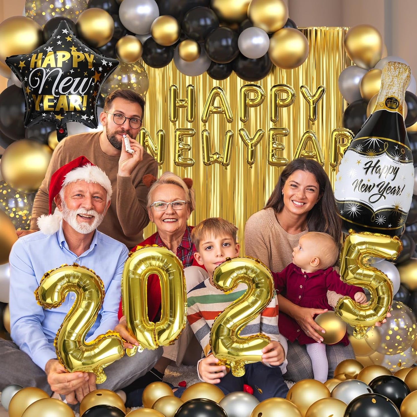 Nye Decorations 2025, Black and Gold Balloons 2025 Number Balloons Champagne Balloons New Year Banner Fringe Backdrop for New Years Eve Party Supplies 2025