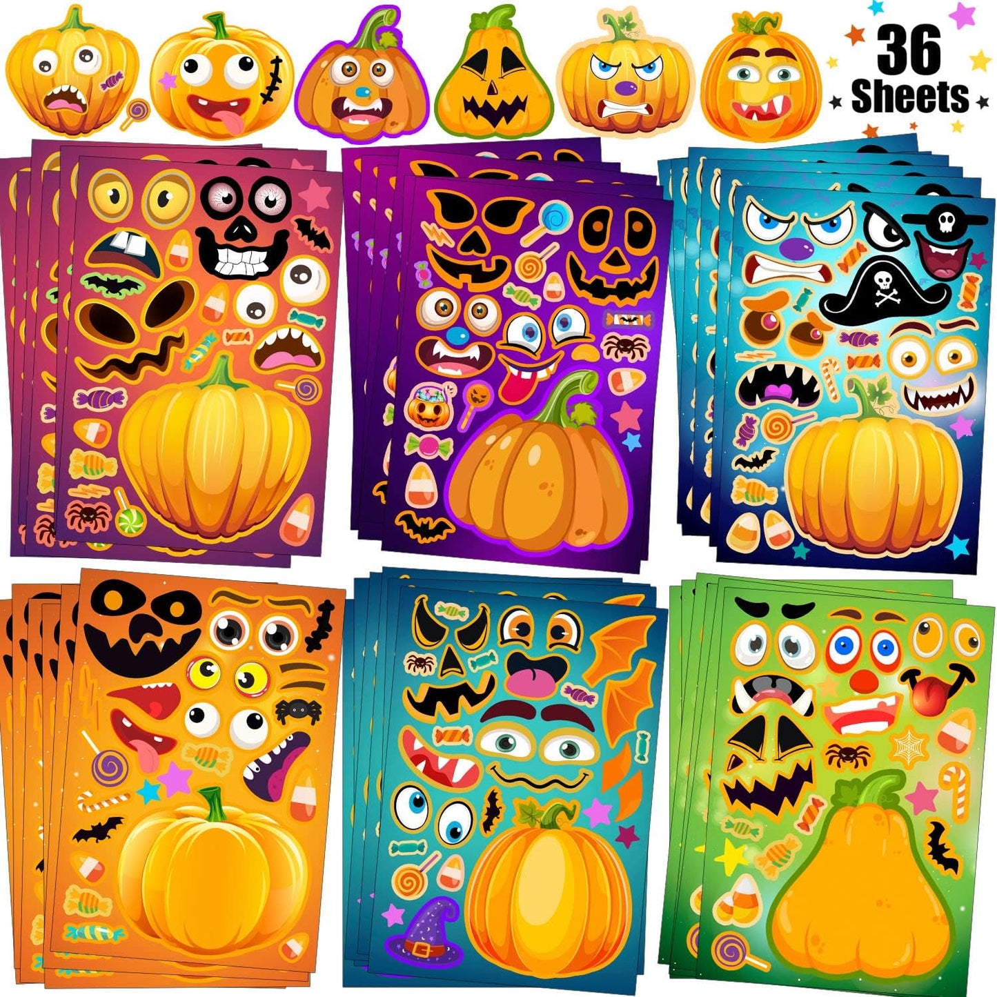 36 Sheets Halloween Stickers for Kids, Make A Pumpkin Face Stickers, Halloween Pumpkin Decorating for Kids Toddlers Party Favors Treats Party Games Goody Bag Filler