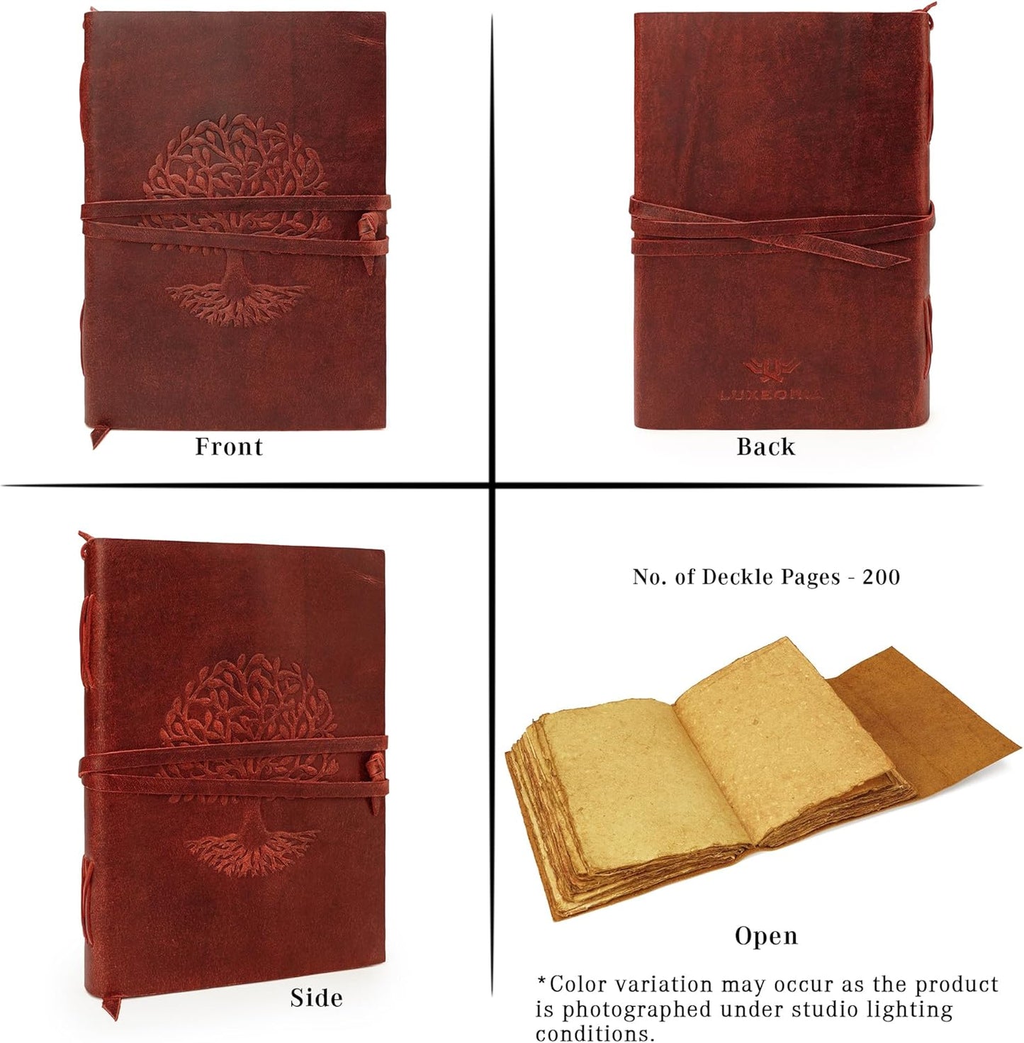 LUXEORIA Tree Of Life Leather Journal for Women and Men, Handcrafted Leather Journal for Writing Womens, Sketchbook, Travel Diary with Unlined Deckle Paper, Wine Red 7x10