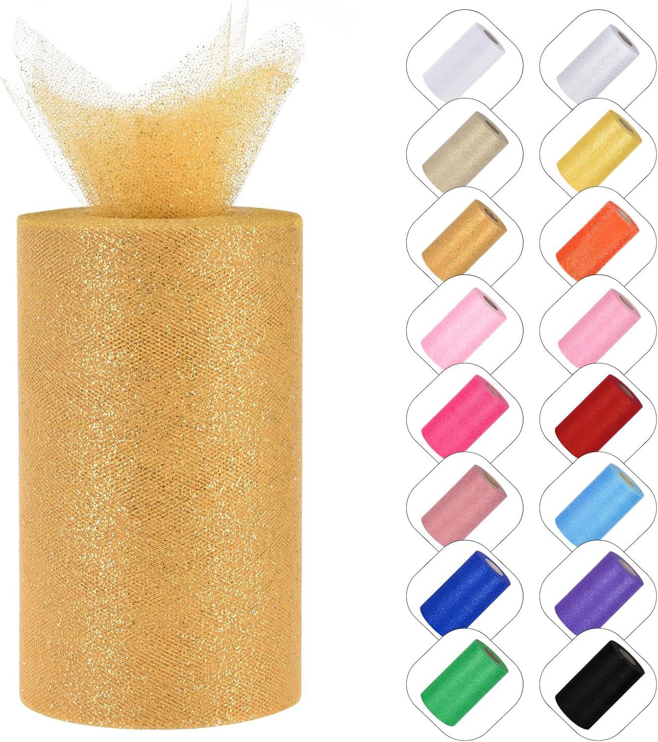 Glitter Tulle Rolls 6” by 50 Yards Sparkle Tulle Fabric Ribbon Sequin Tulle Netting Rolls for DIY Tutu Skirt Wedding Birthday Party Decoration (Gold)