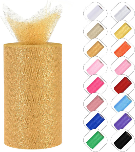 Glitter Tulle Rolls 6” by 50 Yards Sparkle Tulle Fabric Ribbon Sequin Tulle Netting Rolls for DIY Tutu Skirt Wedding Birthday Party Decoration (Gold)