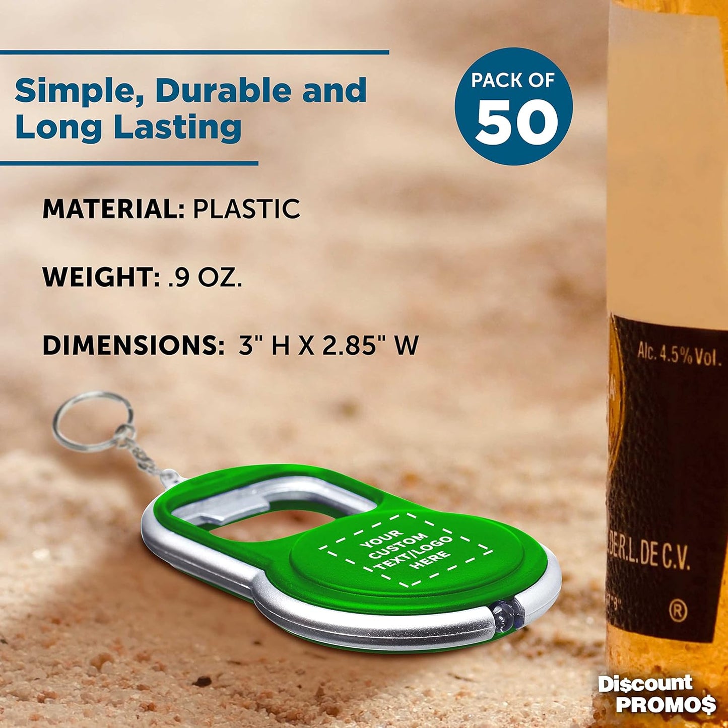 DISCOUNT PROMOS Custom Bottle Opener & LED Keychains Set of 50, Personalized Bulk Pack - Perfect for Tradeshows, Party Favors, Other Events - Green