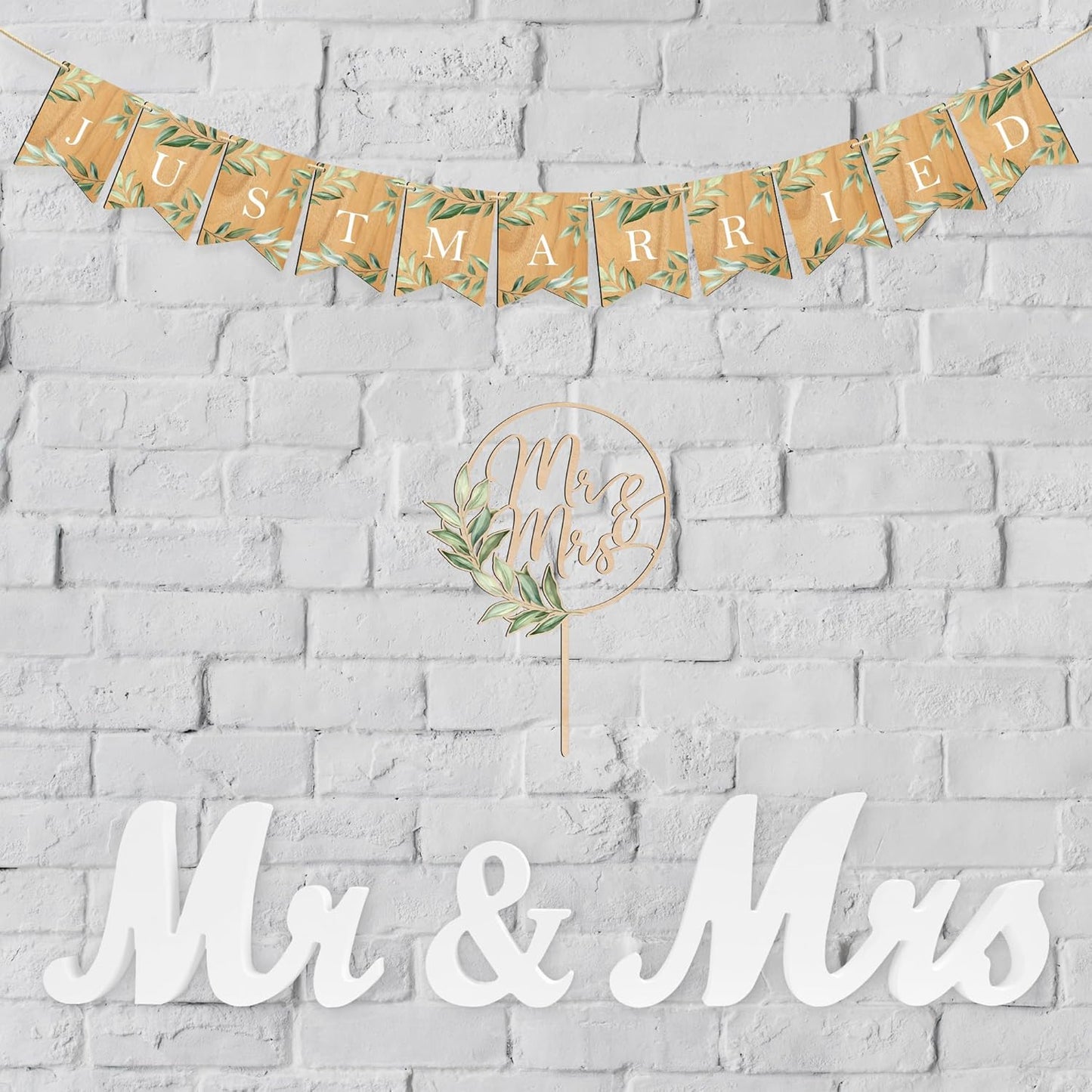 Mr & Mrs Cake Topper & Just Married Banner & Mr Mrs Table Sign Green Wedding Decorations in Wood