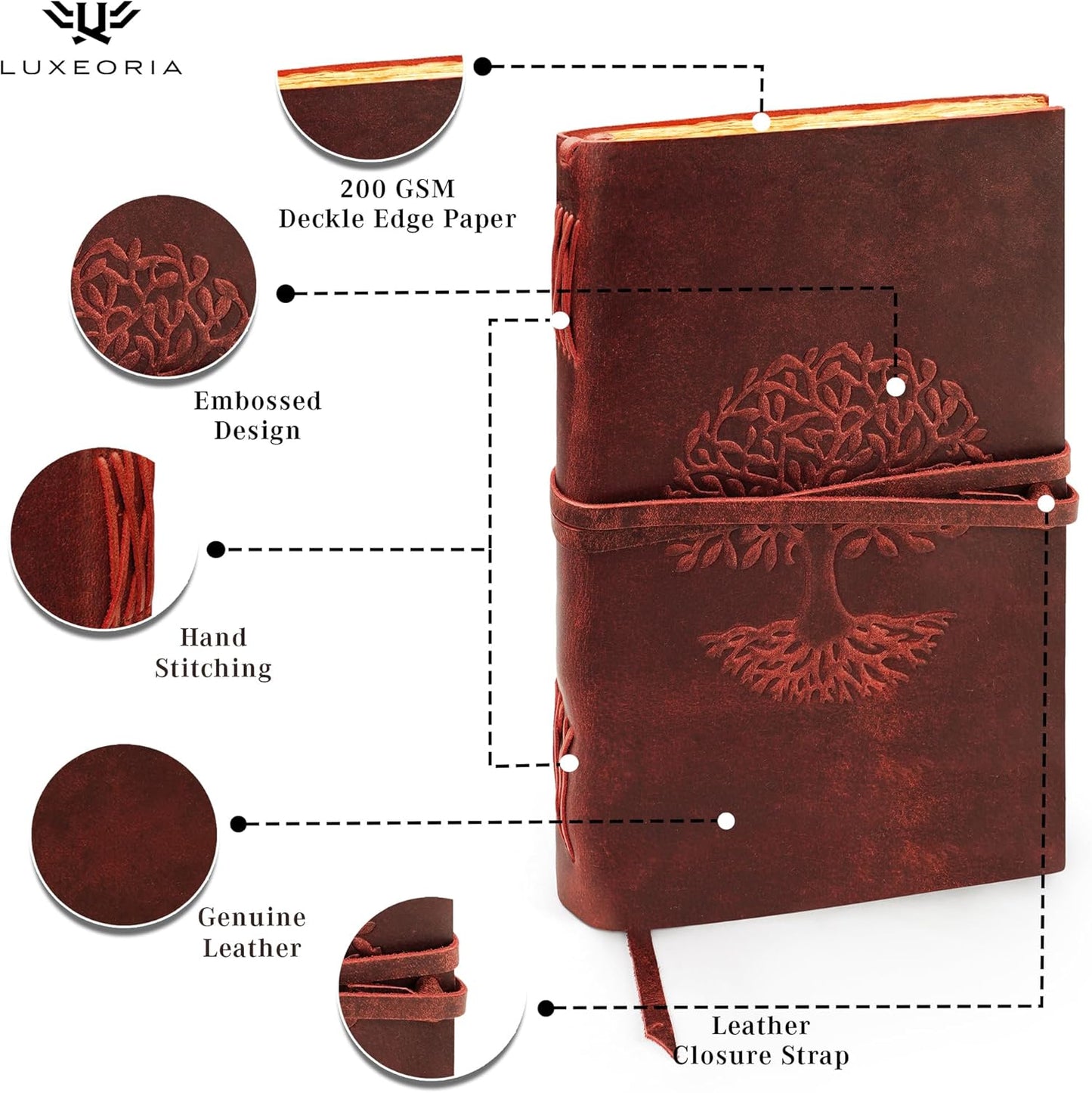 LUXEORIA Tree Of Life Leather Journal for Women and Men, Handcrafted Leather Journal for Writing Womens, Sketchbook, Travel Diary with Unlined Deckle Paper, Wine Red 8x13