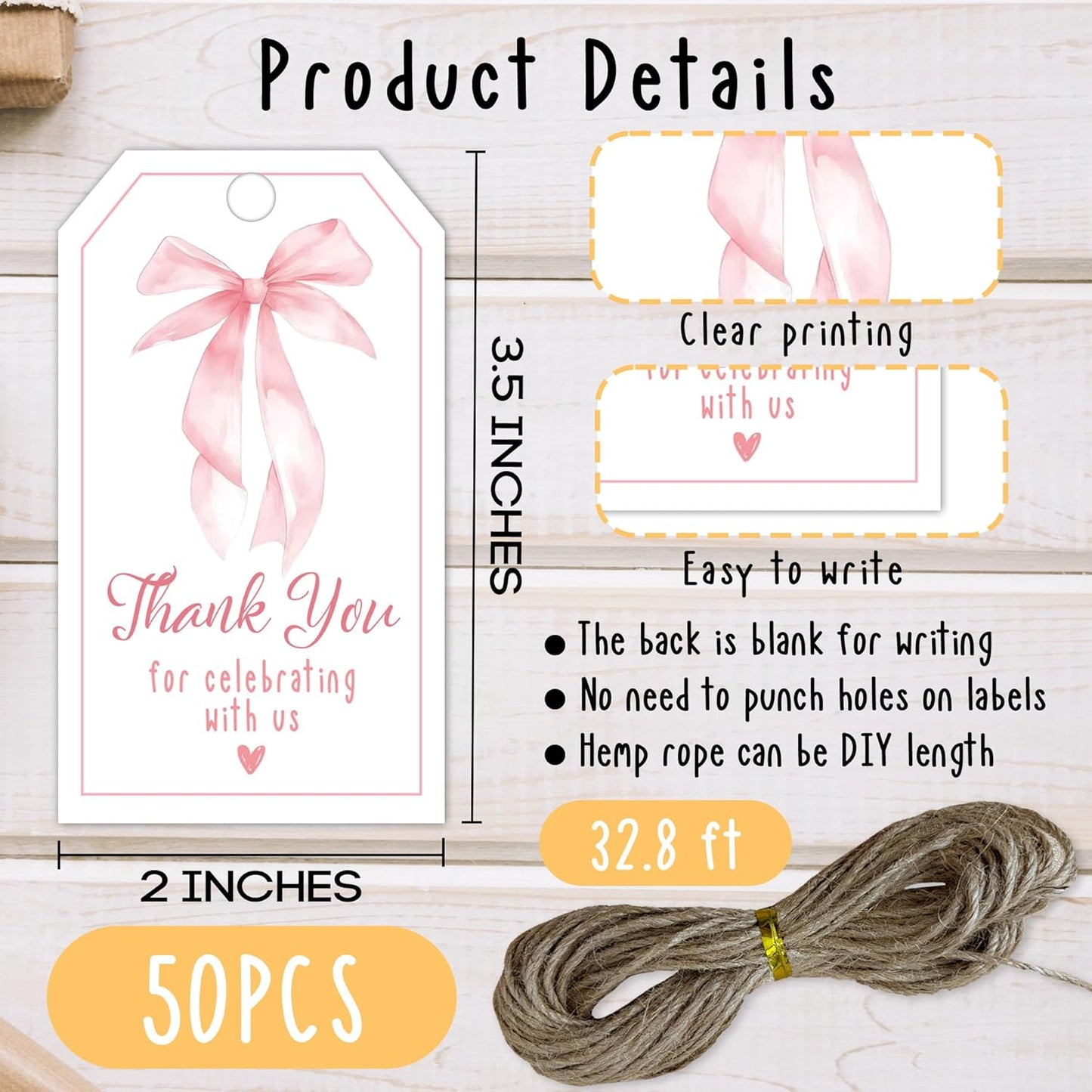 Thank You Label with String, 2x3.5 Inch Pink Bow Gift Tags, Thank You for Celebrating with Us Tag, Paper Personalized Design Gift Label for Wrapping Party Favor-A11