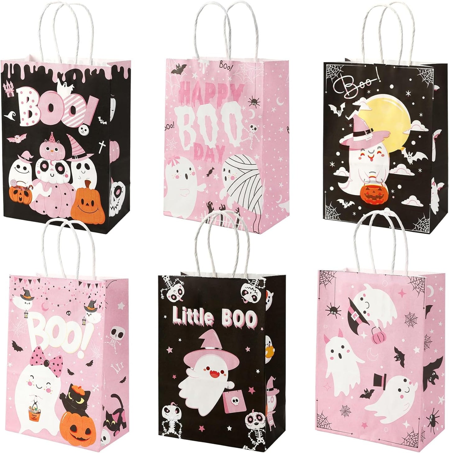 24 Pcs Halloween Paper Gift Bags, 6 Styles Halloween Goodie Bags with Handles, Halloweens Treat Bag Party Favors Bag Holiday Trick or Treat Party Supplies