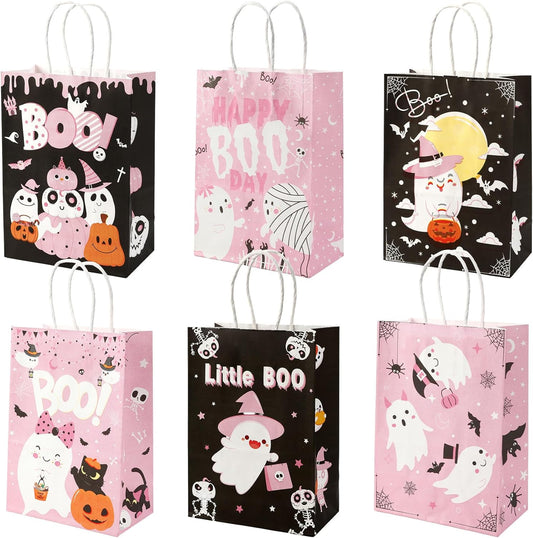 24 Pcs Halloween Paper Gift Bags, 6 Styles Halloween Goodie Bags with Handles, Halloweens Treat Bag Party Favors Bag Holiday Trick or Treat Party Supplies