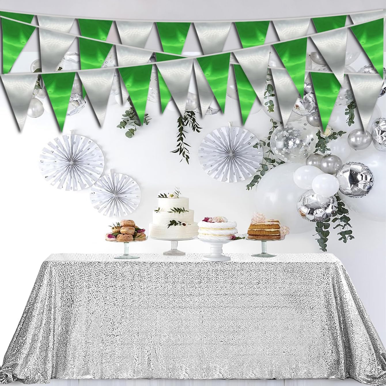 20M/65FT Green Silver Triangle Pennant Banner Flag Metallic Fabric Bunting Garland for Christmas Graduation Wedding Engagement Anniversary Bachelorette Birthday Bridal Shower Hen Party Supplies