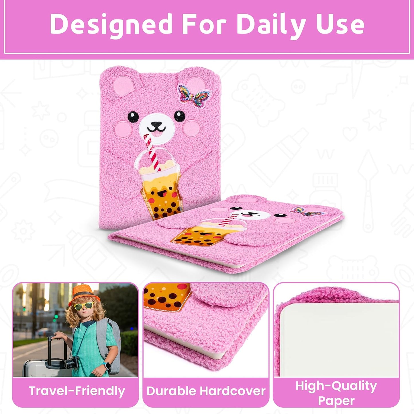 VOTUM Fuzzy Sketch Book: Personalized Artist Sketchbook: Sketching, Drawing and Creative Doodling. Notebook and Sketchbook to Draw and Journal (Pink Bear)