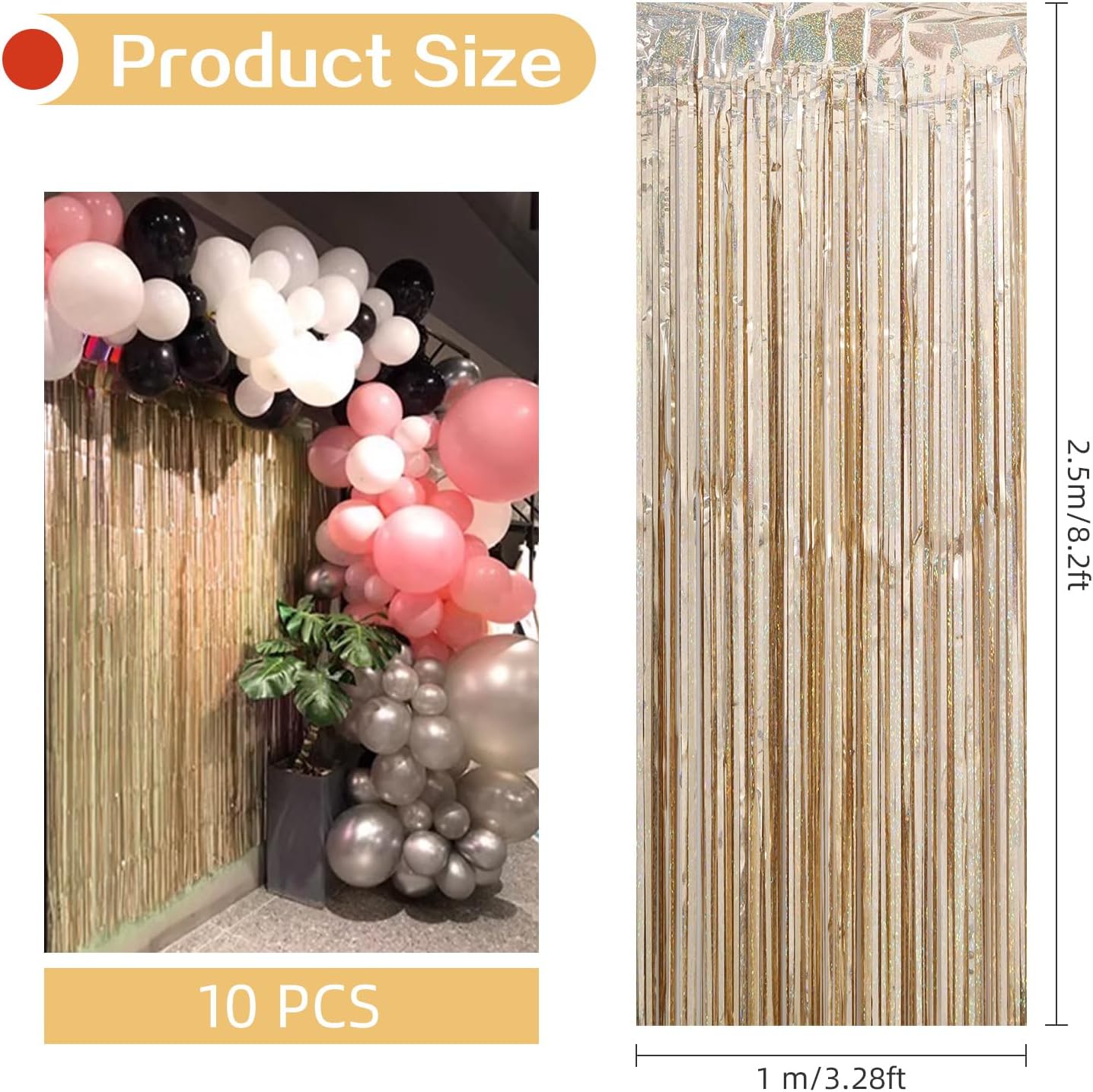 10 Pack Champagne Gold Backdrop Curtain 3.2ft x 8.2ft Metallic Tinsel Foil Fringe Curtains Photo Booth Background for Birthday Party Decoration Engagement Wedding Christmas Decor (Champagne Gold)