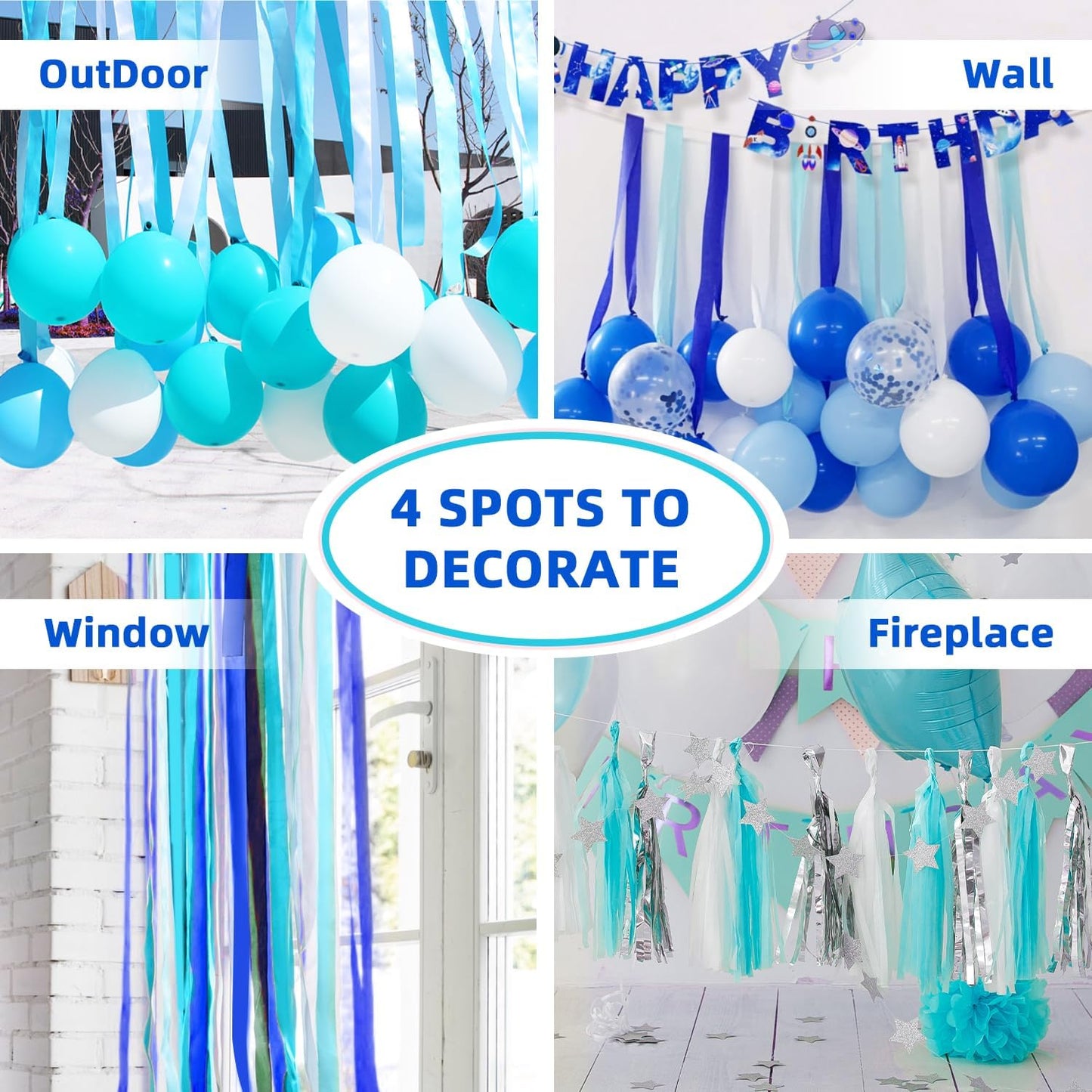 Crepe Paper Streamers 8 Rolls 656ft, Pack of Blue, Pastel Blue, Royal Blue, White Party Streamers, Crepe Paper for Birthday Party Wedding Baby Bridal Shower Decorations (1.8 Inch x 82Ft/Roll)