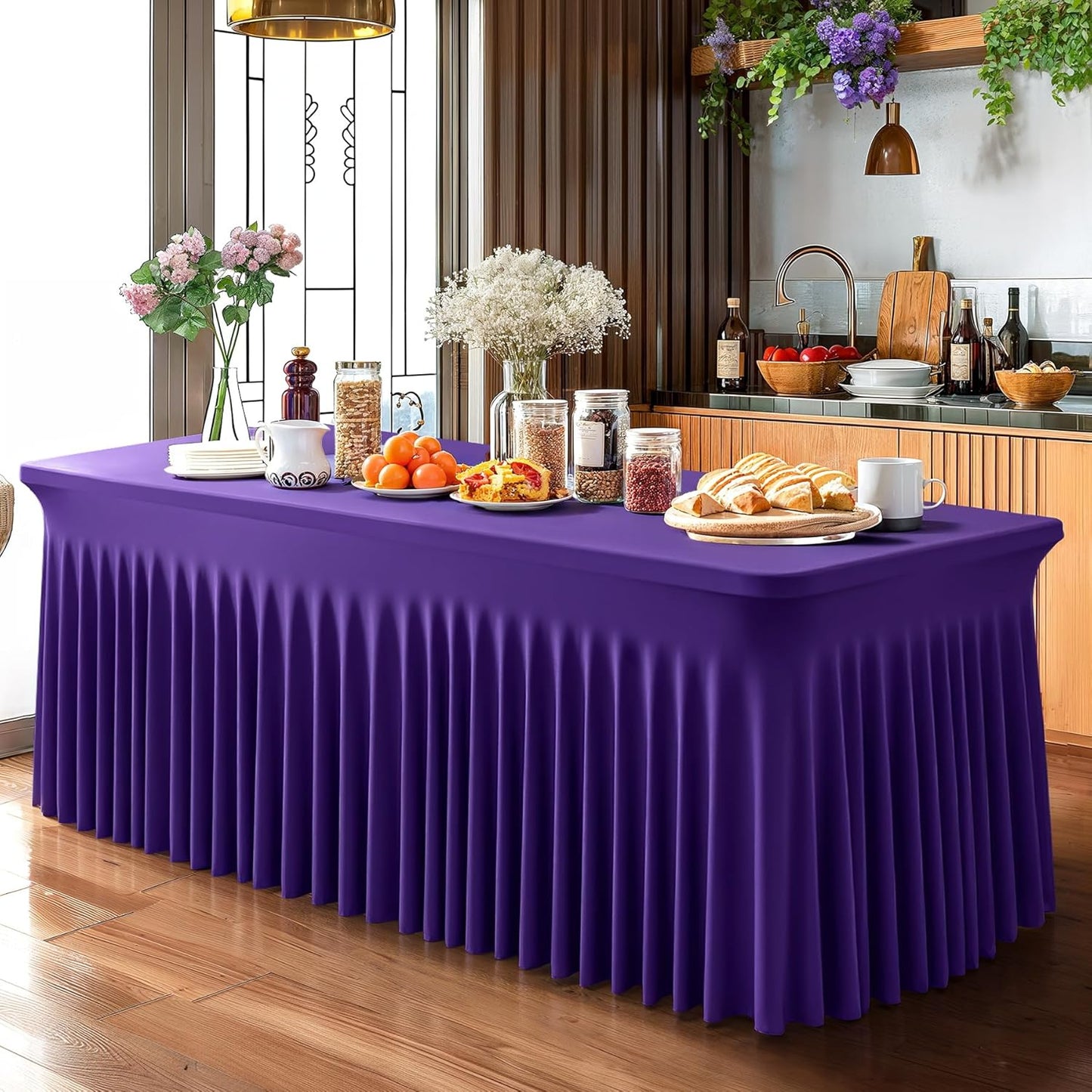 6 Pack Dark Purple Spandex Table Clothes for 8 Foot Rectangle Tables, 8FT Wrinkle Free Fitted Tablecloths Ruffles Design Table Cover for Party, Banquet, Wedding and Events