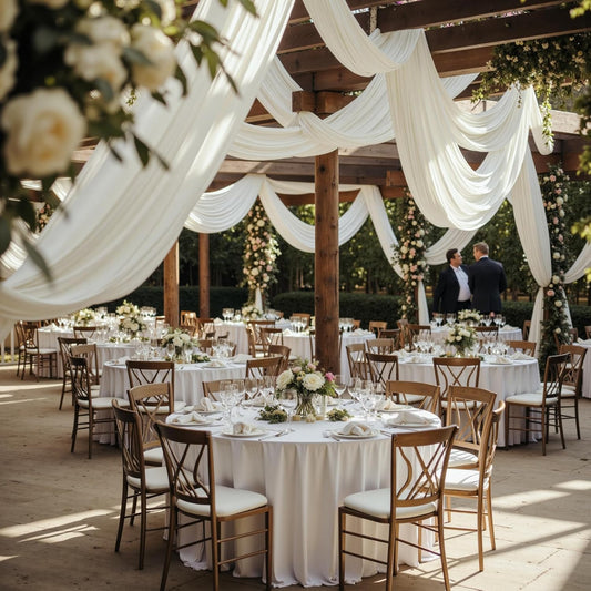 PartyVillage 4 Panels 5ftx30ft Ivory Ceiling Drapes for Wedding Parties – 30 FT Extra Long Thick Polyester Wrinkle-Free Drapery Tent Decor Decorations for Birthday Party Ceremony Stage Swag