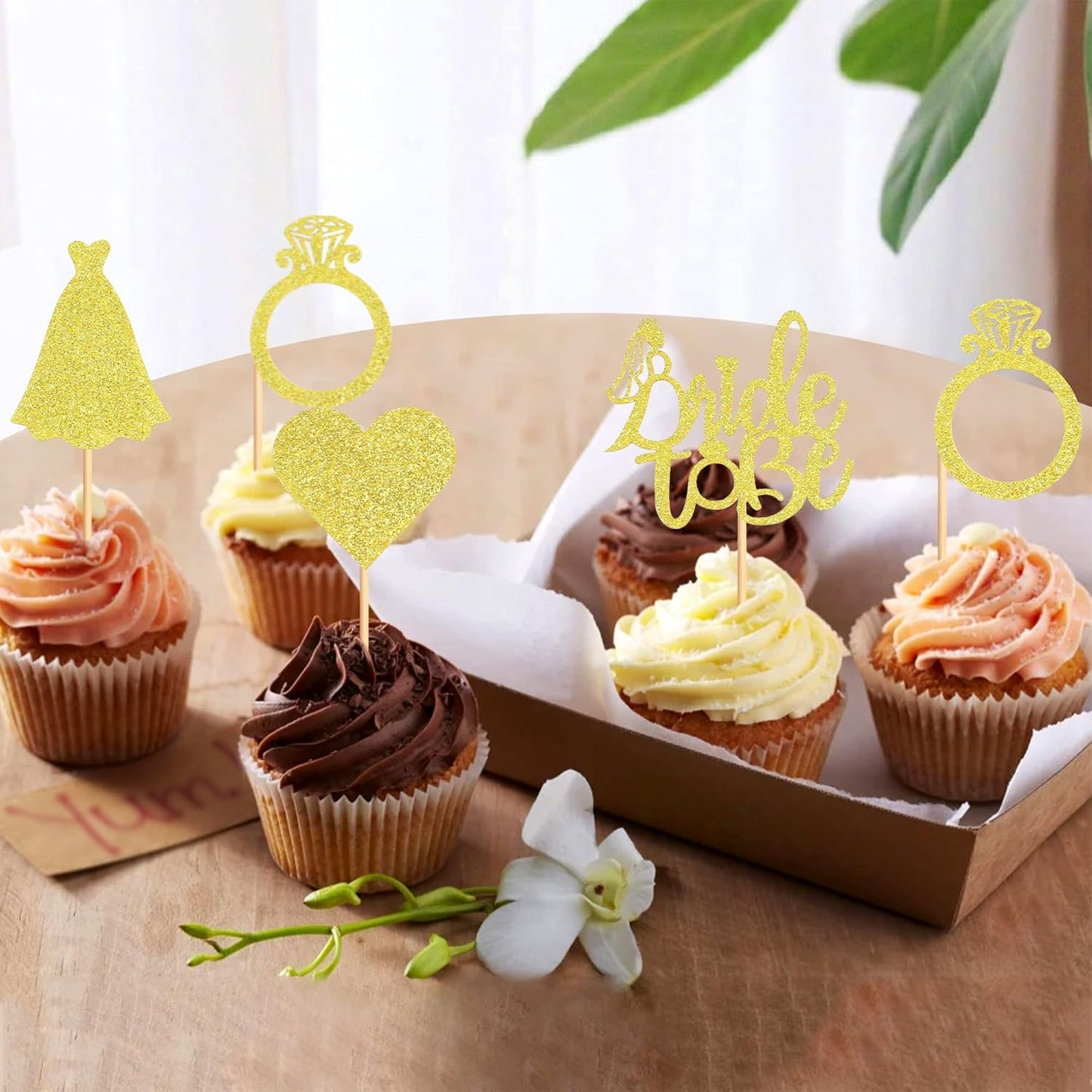 Pack of 24 Bride to Be Cupcake Toppers with Heart Ring Dress Bridal Shower Cupcake Picks Wedding Engagement Bachelorette Party Cake Decorations Supplies - Gold Glitter