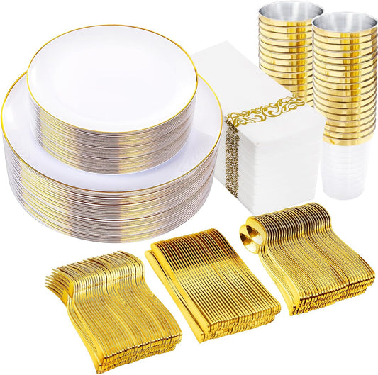 Supernal 350pcs White and Gold Plastic Plates,Gold Plastic Dinnerware for 50 Guests Include 100 White Disposable Plate, 150 Gold Silverware Set, 50 Disposable Cups, 50 Napkins