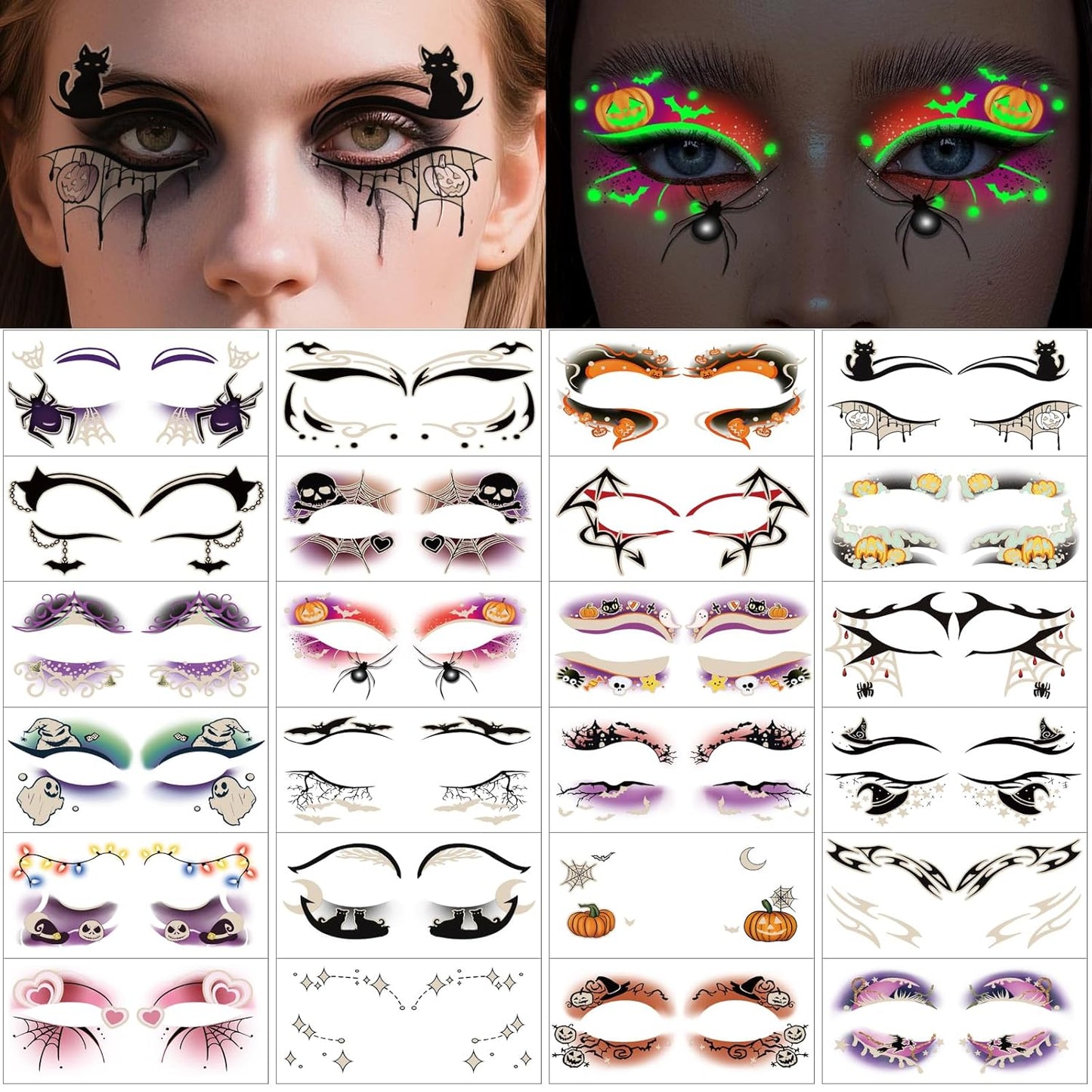 24 Pairs Halloween Luminous Eye Shadow Temporary Tattoos, Eyeliner Tattoo Stickers Spider Web Bat Pattern, Glow in the Dark Eyeliner Fake Tattoos for Women Men Eye Makeup Halloween Party Supplies