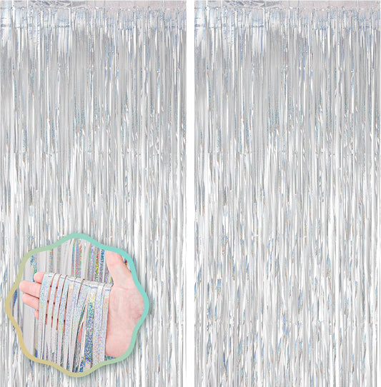2 Pack Laser Silver Foil Fringe Backdrop Curtains, Tinsel Streamers Birthday Party Decorations, Fringe Backdrop for Graduation, Baby Shower, Gender Reveal, Disco Party