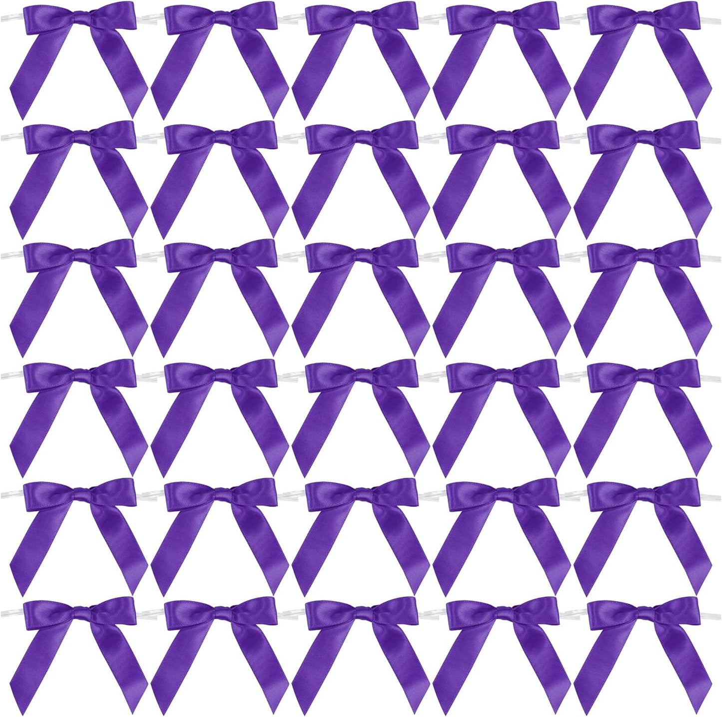AIMUDI Small Purple Bows for Christmas Tree 2.5" Pre Tied Satin Ribbon Twist Tie Bows for Treat Bags Premade Mini Bows for Crafts Ribbon Bows for Gift Wrapping Halloween Party Favors - 50 Counts