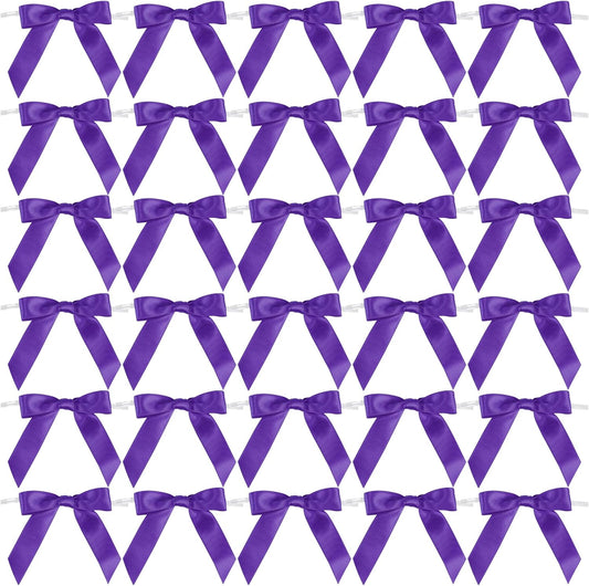 AIMUDI Small Purple Bows for Christmas Tree 2.5" Pre Tied Satin Ribbon Twist Tie Bows for Treat Bags Premade Mini Bows for Crafts Ribbon Bows for Gift Wrapping Halloween Party Favors - 50 Counts