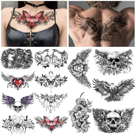 Yazhiji 13 Sheet Large Chest Underboob Temporary Tattoos for Adult, 8 Sheets Sexy Rose Flower Belly Tattoos Tramp Stamp for Women, 5 Sheets Body Scar Cover Fake Chest Tattoos Stickers for Men