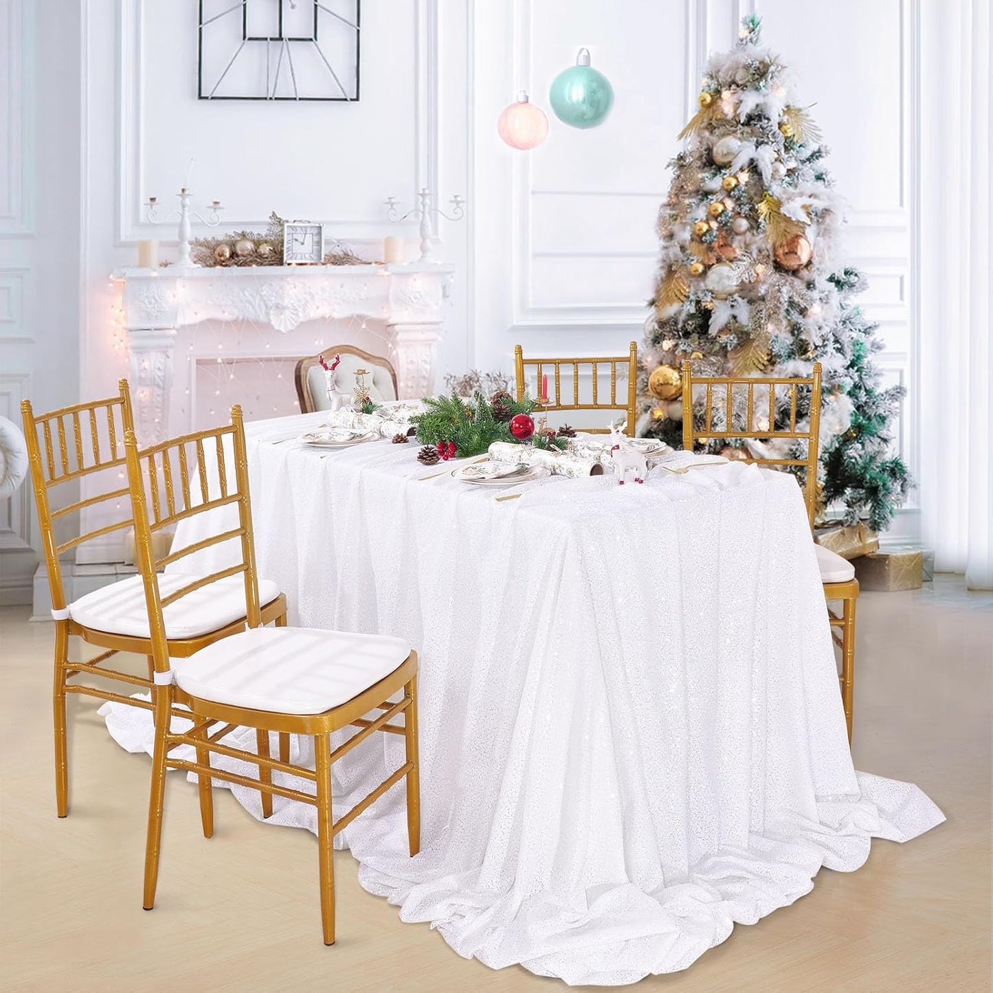 QueenDream White Wedding Tablecloth 90x90 Inch Sequin Fabric Table Cloths Rectangle Sparkle Anniversary Banquet Halls Christmas Decorations
