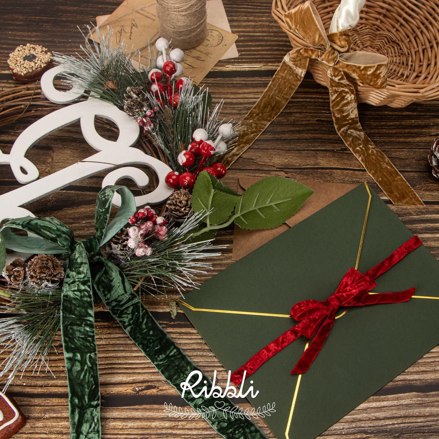 Ribbli Khaki Velvet Ribbon 1 Inches Luxury Crinkled Brown Christmas Ribbon for Gift Wrapping Crafts Home Decor-Continuous 10 Yard