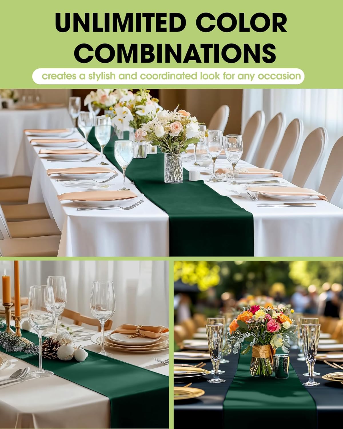 Pureegg Emerald Green Plastic Table Runners - 10 Pack, 14'' x 108'', Water Resistant & Disposable Centerpiece Decorations for Table Cloth, Wedding, Birthday, Holiday, Baby Shower, Party, Home Decor