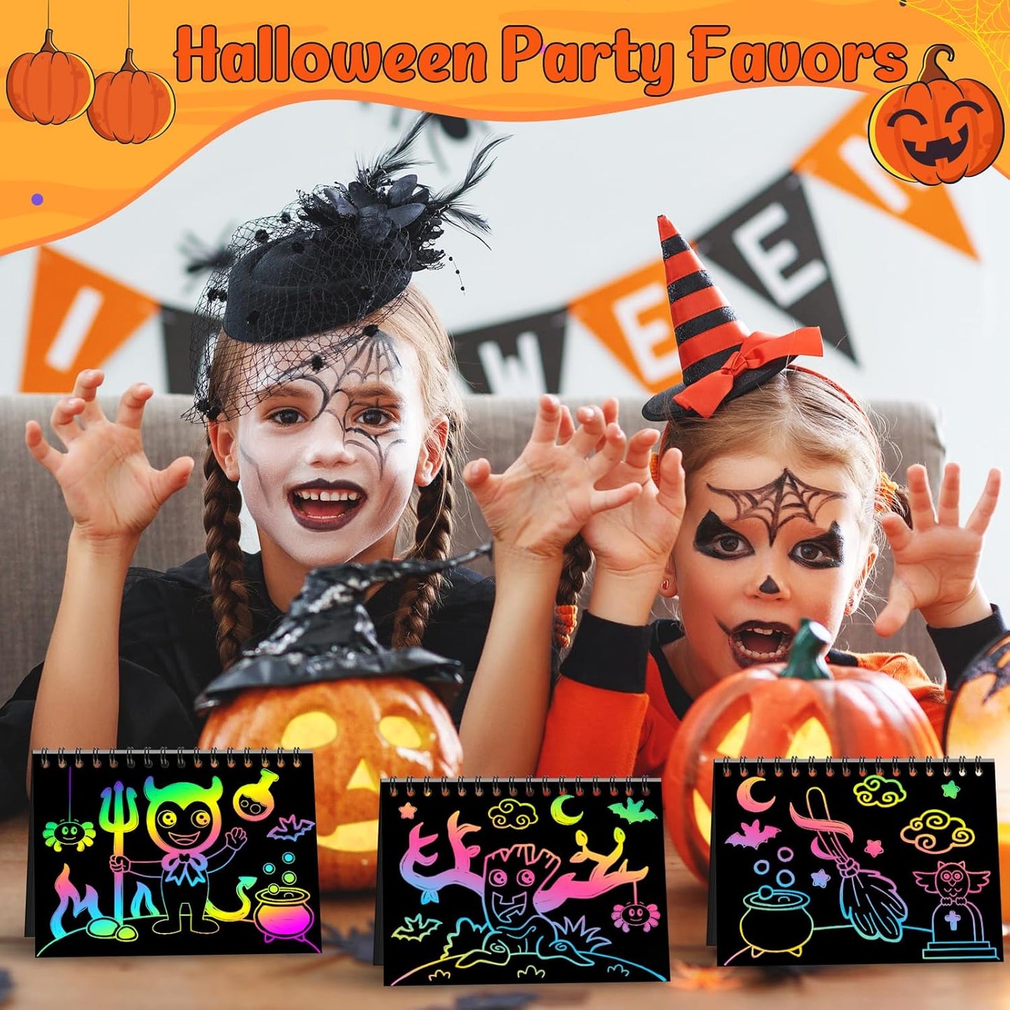 ZMLM Rainbow Scratch Party Favors Kids: Birthday Gifts Toy Bulk Scratch Art Notebook 24 Pack Birthday Goodie Bags Stuffers Girls Boys Art Craft Pad Classroom Prizes School Teacher Supplies (Halloween)