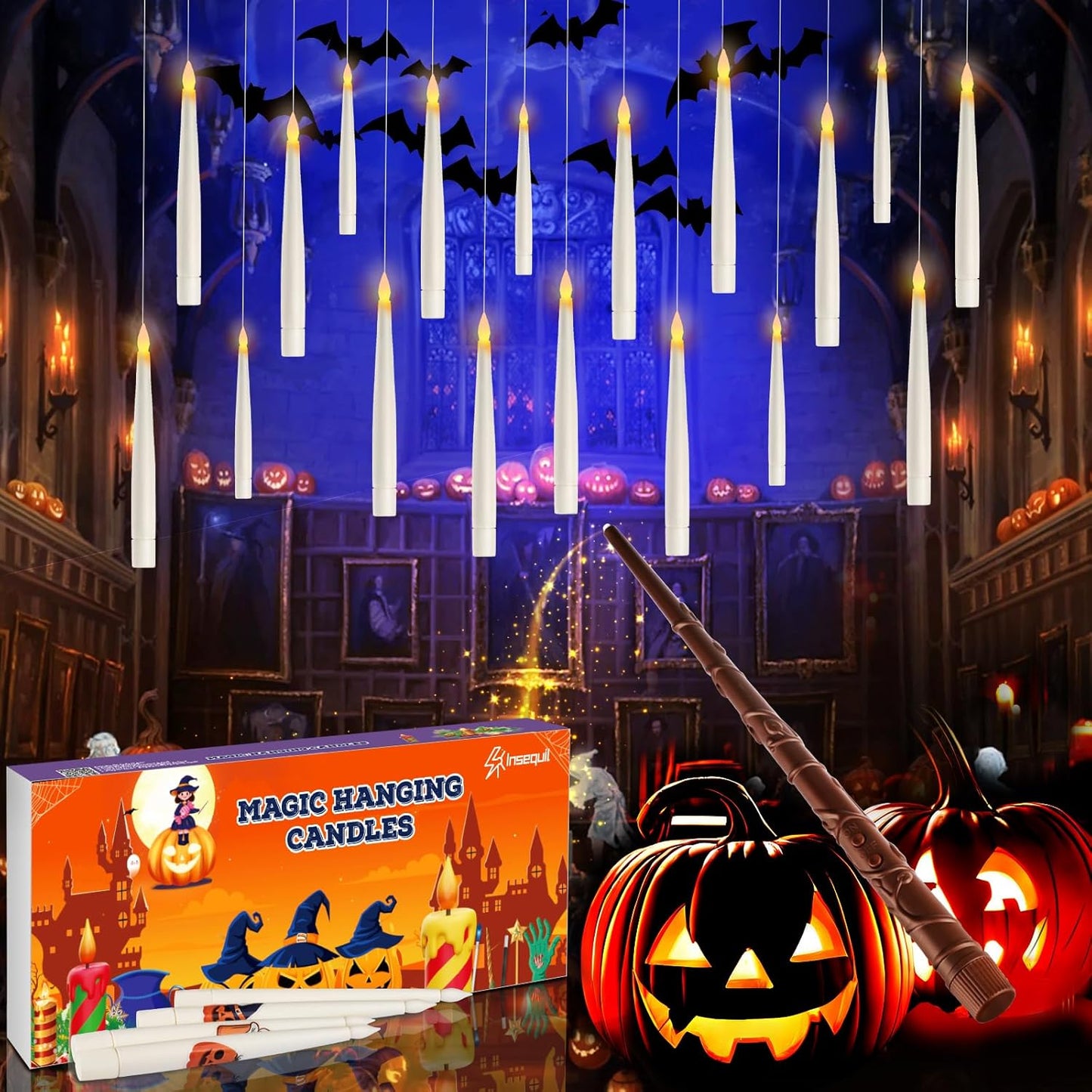 Floating Candles with Wand Remote, 20 Pcs Magic Halloween Hanging Candles, Flickering Warmer Light Flameless LED Candles with DIY Sticker, Battery Operated Halloween Decorations Gifts Indoor (18)