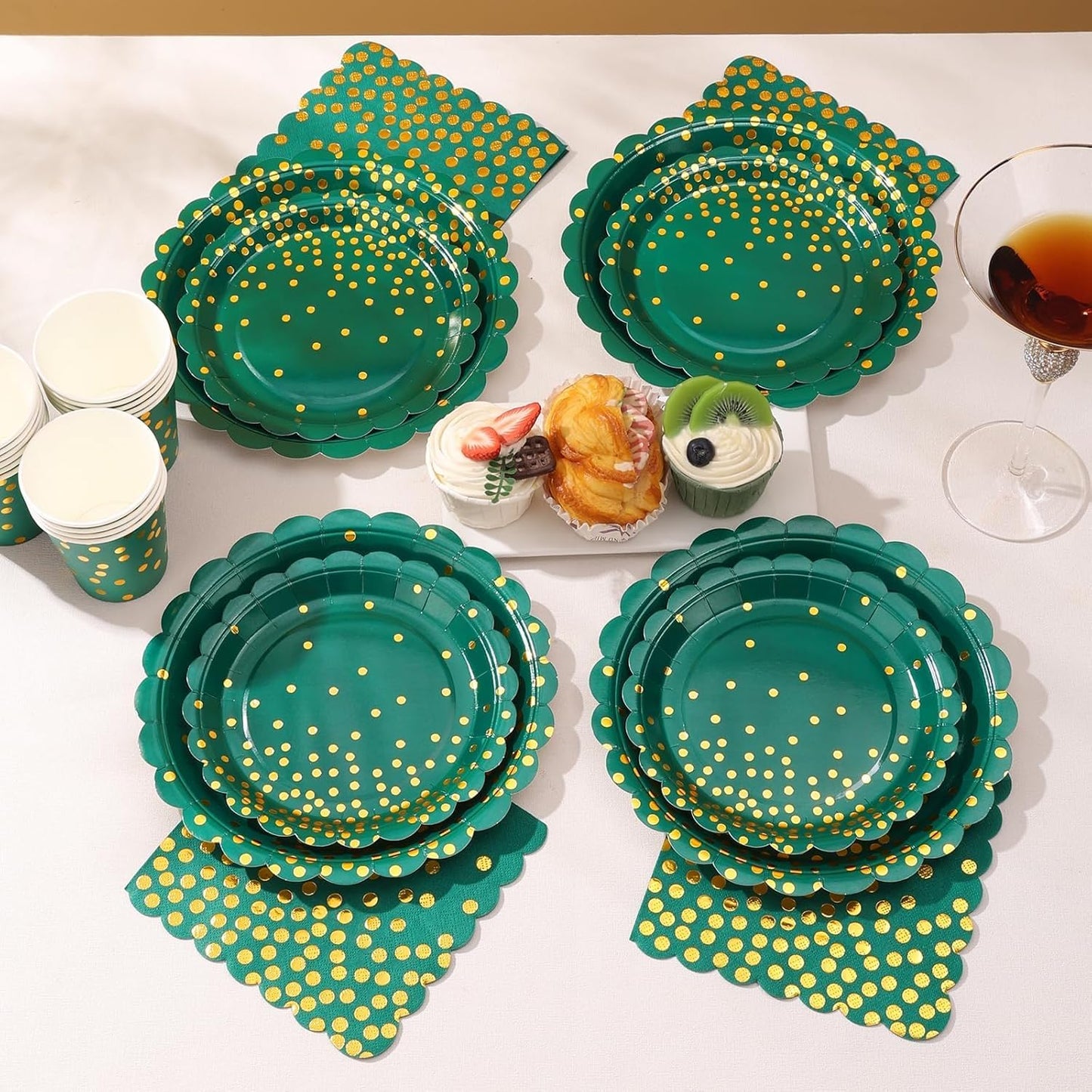 175Pcs Green and Gold Party Decoration - Green Plates and Napkins Party Supplies - Scalloped Paper Plates for Birthday Graduation Decorations, Serve 25 Guests