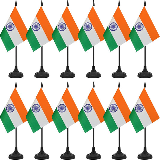 12 Pack India Desk Flag Set, Indian Table Office Flag, Small Miniature Desktop Flag With Black Pole and Black Base, Classroom, Offices Meeting Desk Decoration (India)