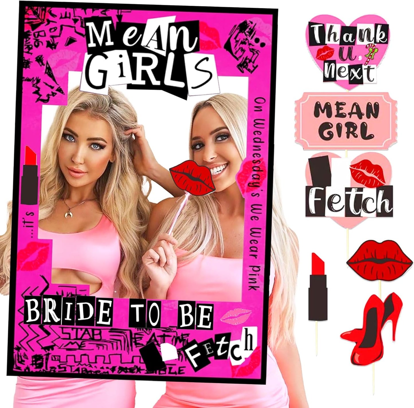 LaVenty Mean Girls Bachelorette Party Photo Booth Props Frame Bachelorette Party Supplies Mean Girls Party Decoration Y2k Party Decorations Bride to Be Photo Booth Props, Red 1